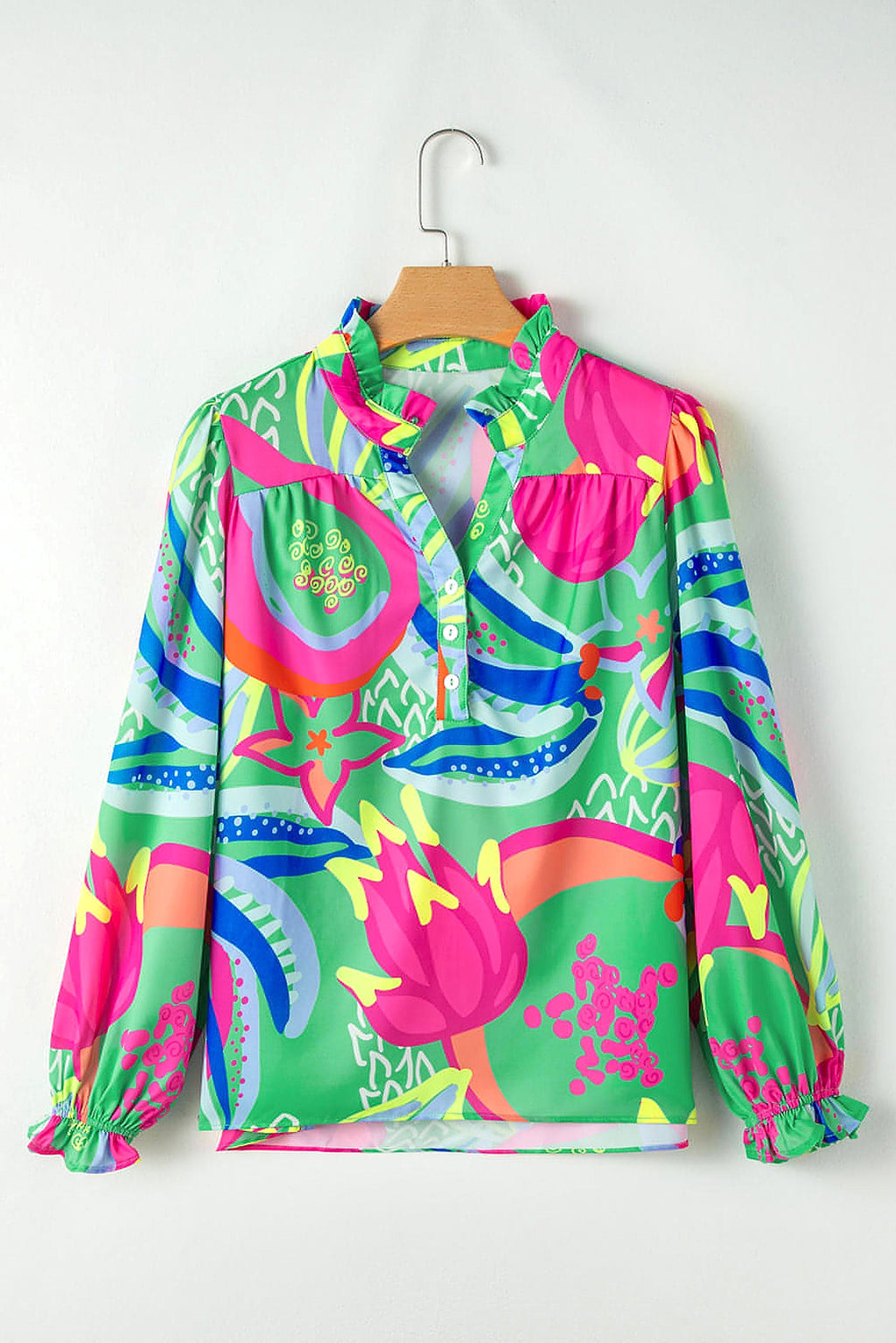 Green Abstract Print Ruffled Sleeve Buttoned V Neck Blouse - enhanced image 11
