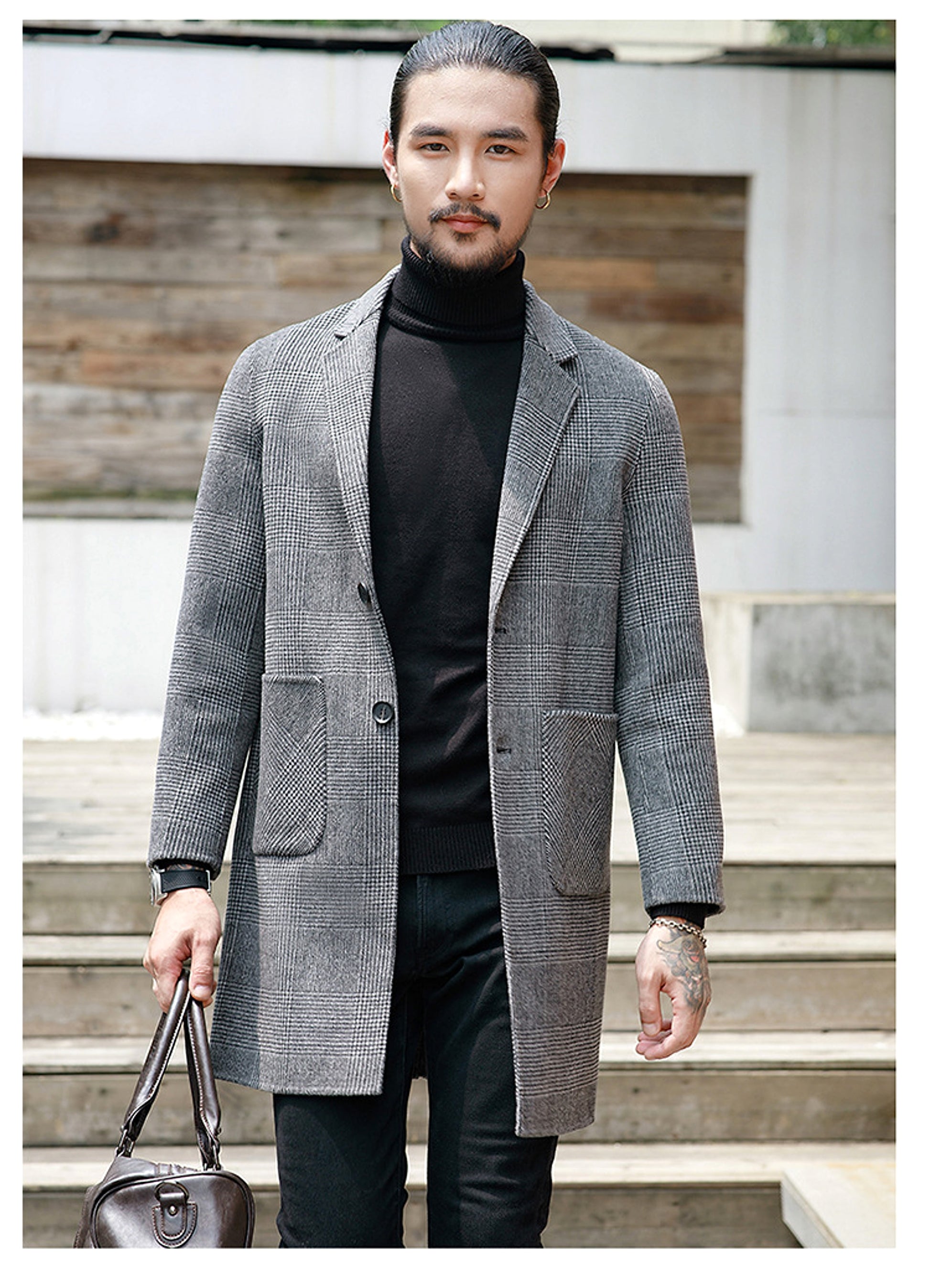 Houndstooth reversible men's plaid woolen trench coat - enhanced image 11