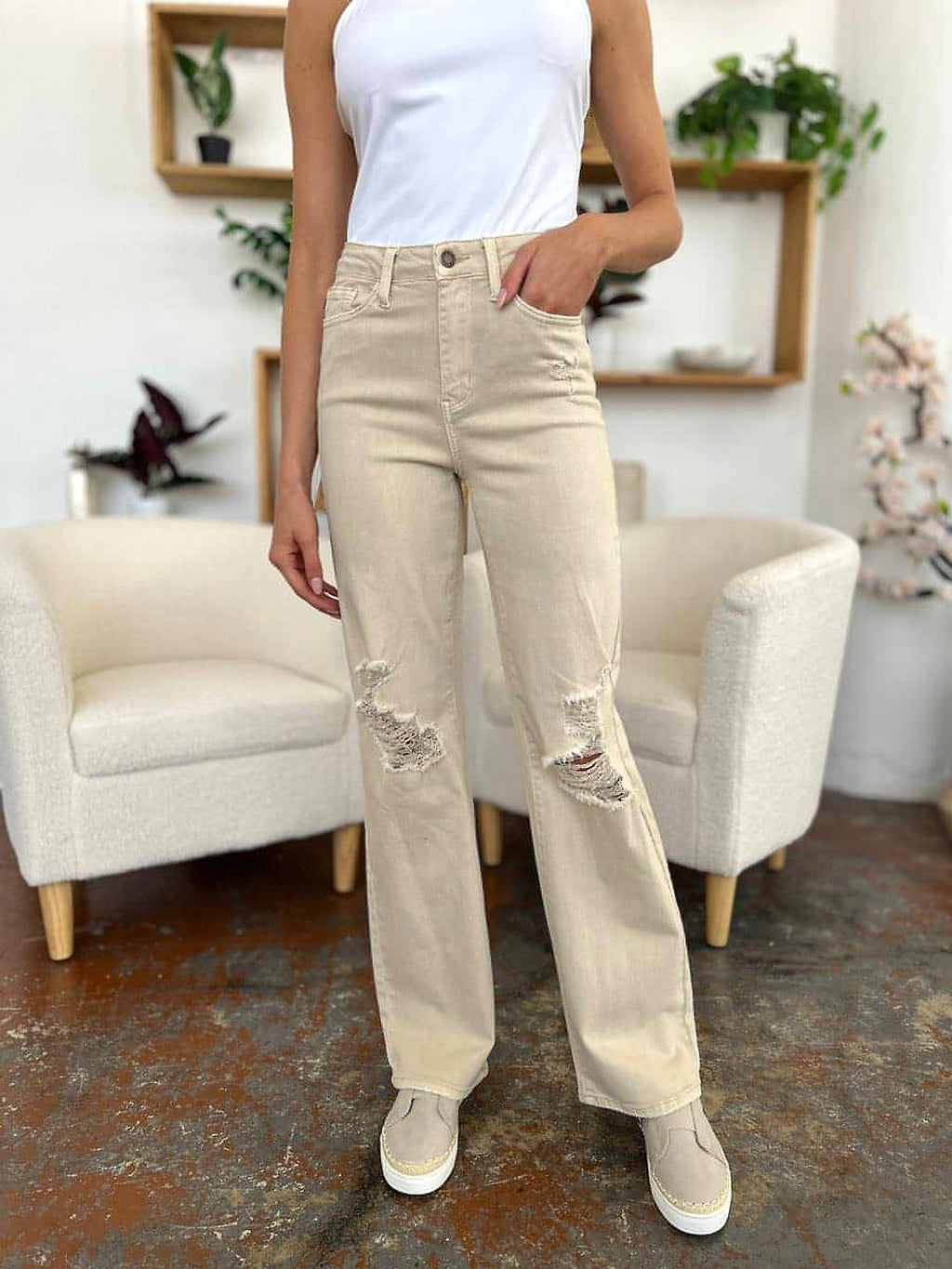 Judy Blue Full Size High Waist Distressed Wide Leg Jeans - enhanced image 11