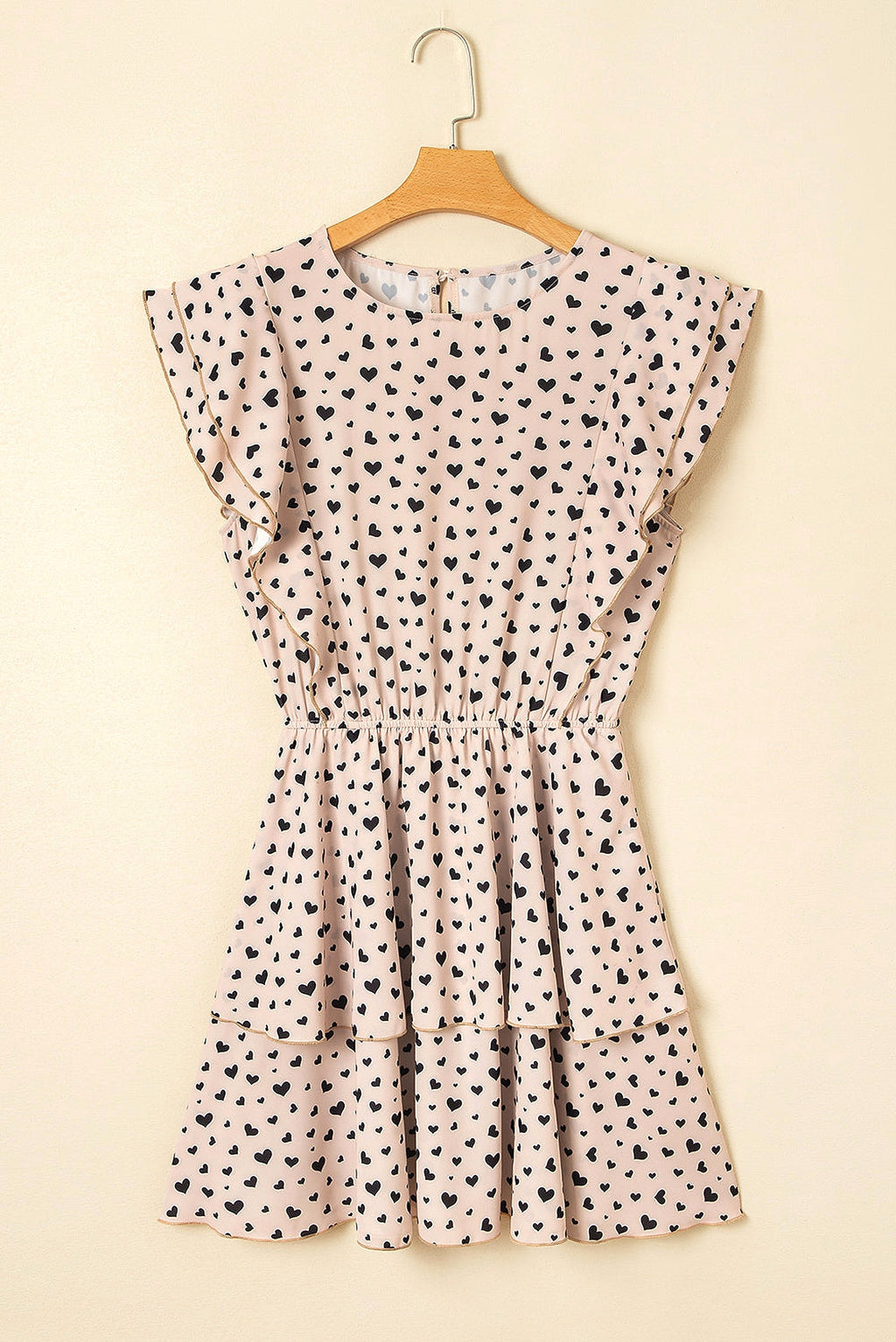 Khaki Heart Printed Flutter Sleeve Cinched Waist Tiered Ruffle Mini Dress - enhanced image 11