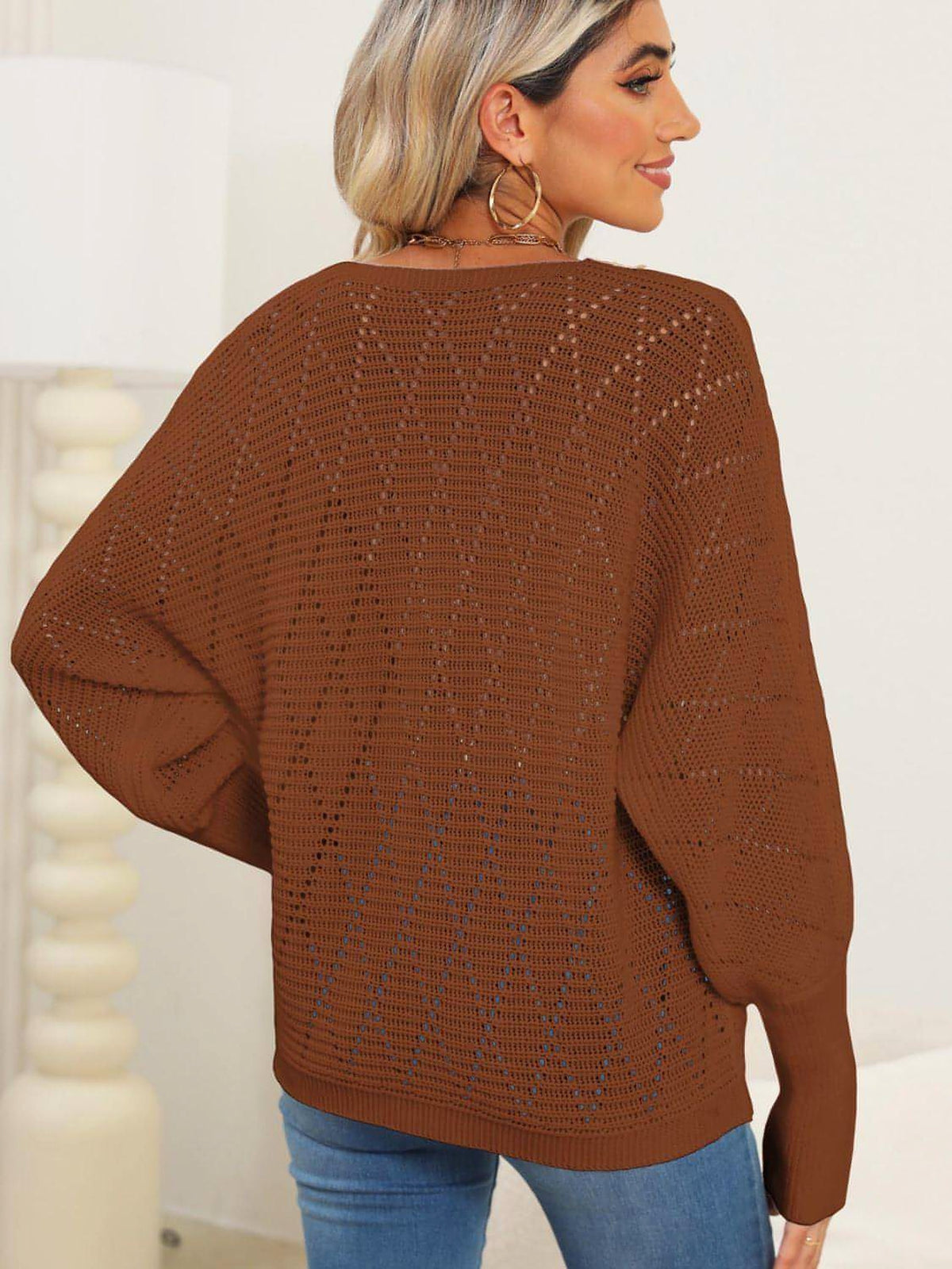 Lace Detail V-Neck Long Sleeve Sweater - enhanced image 11