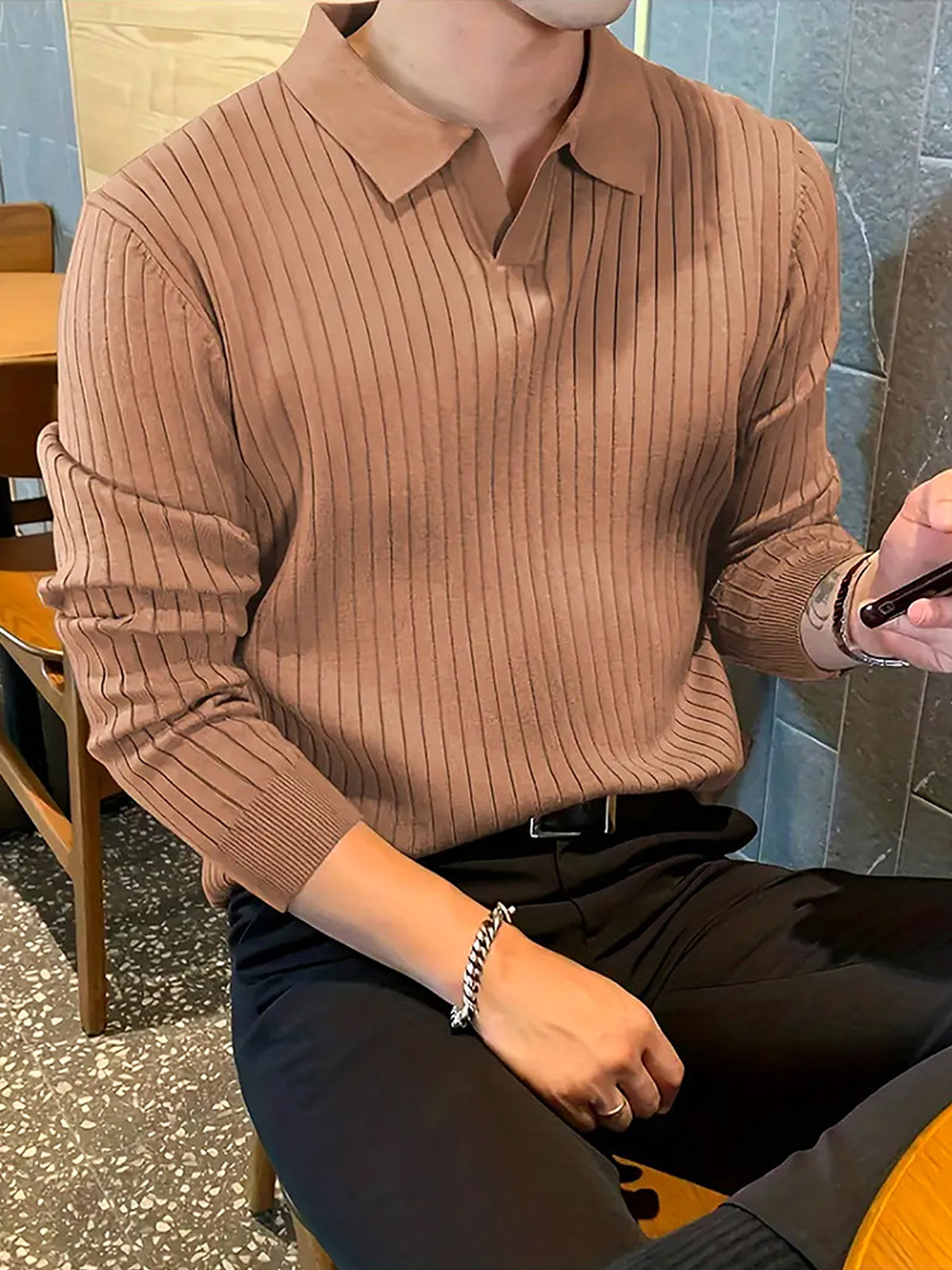 Lapel Texture Stretch Slim Knit Polo T-Shirt Men - enhanced image 11