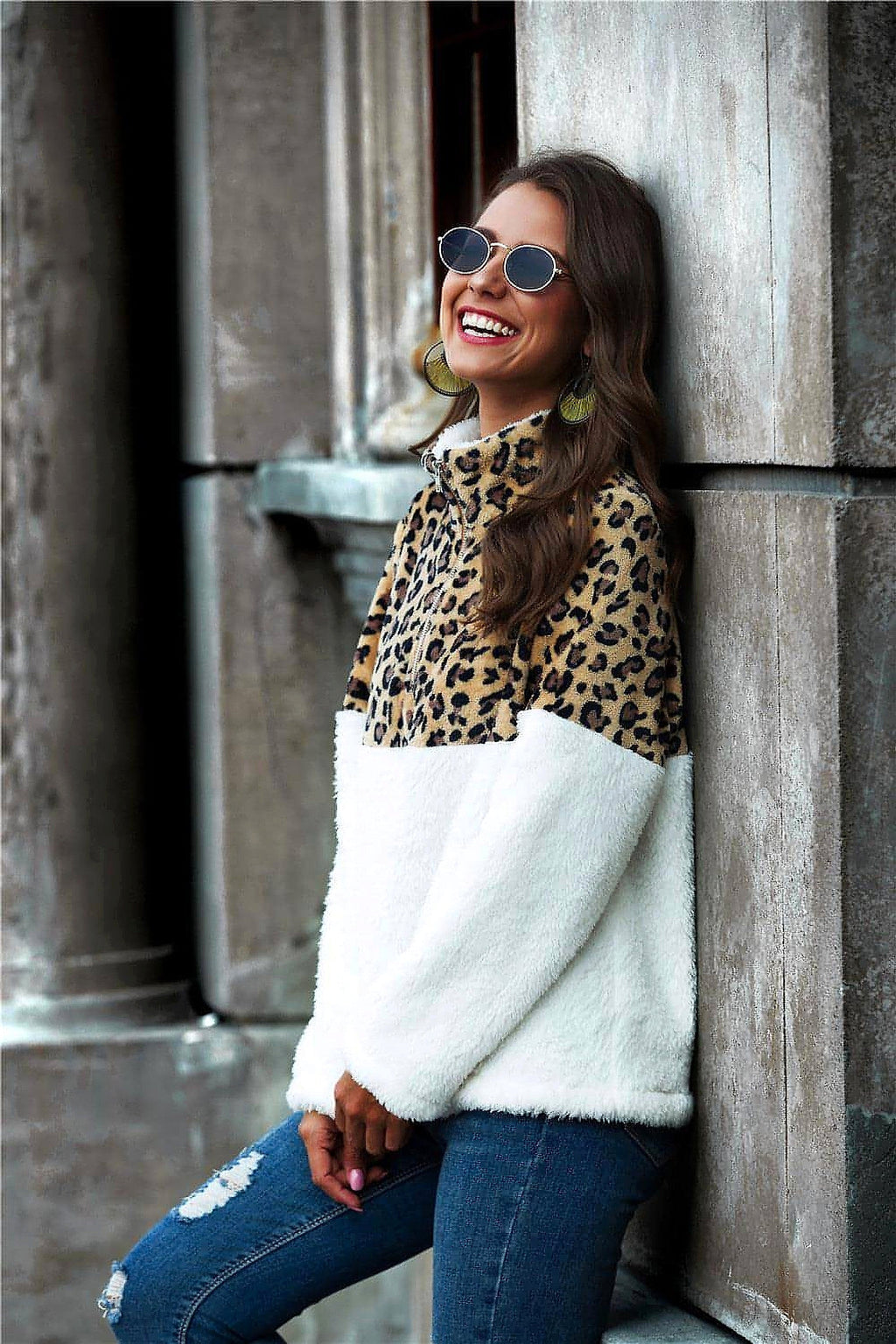 Leopard Color Block Half-Zip Collar Teddy Sweatshirt - enhanced image 11