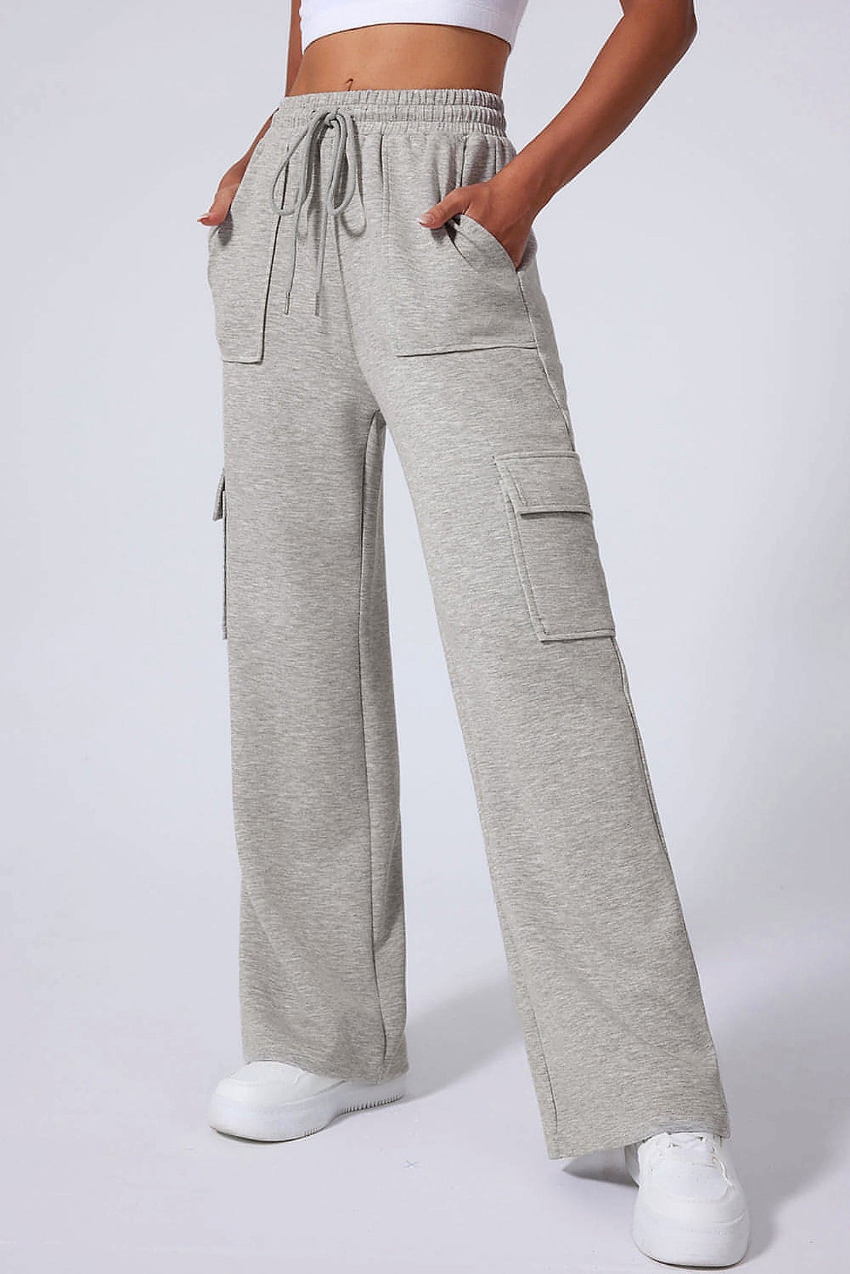 Light Grey Multi Pockets Lace-up High Waist Wide Leg Workout Pants - enhanced image 11