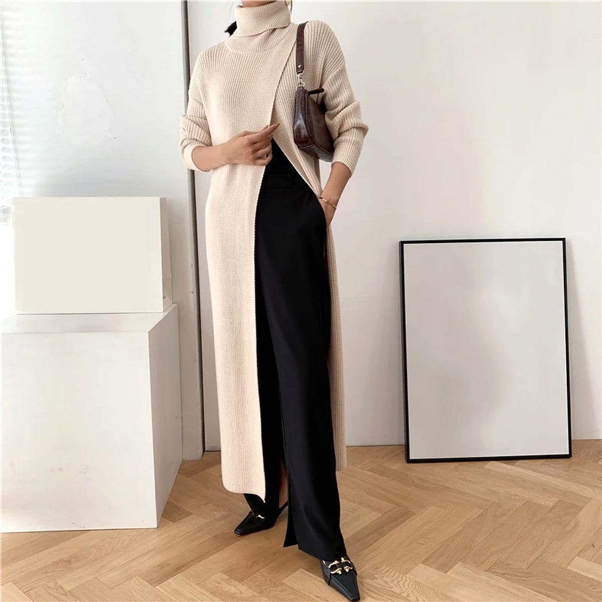 A.1 Long Knit Turtleneck Sweater Long Skirt Pullover Bottoming With Slits And Slim Fit - enhanced image 11