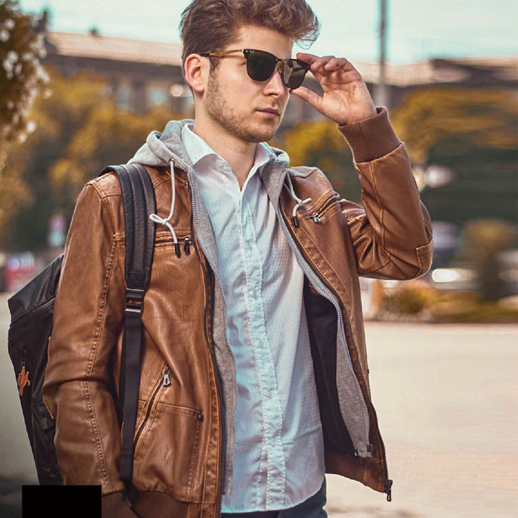 Men's Detachable Hat PU Hooded Jacket - enhanced image 11