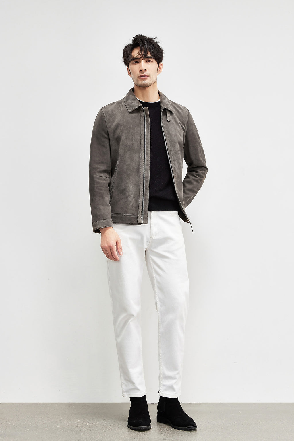 A1. Men's Lambskin Suede Lapel Biker's Leather Jacket - enhanced image 11