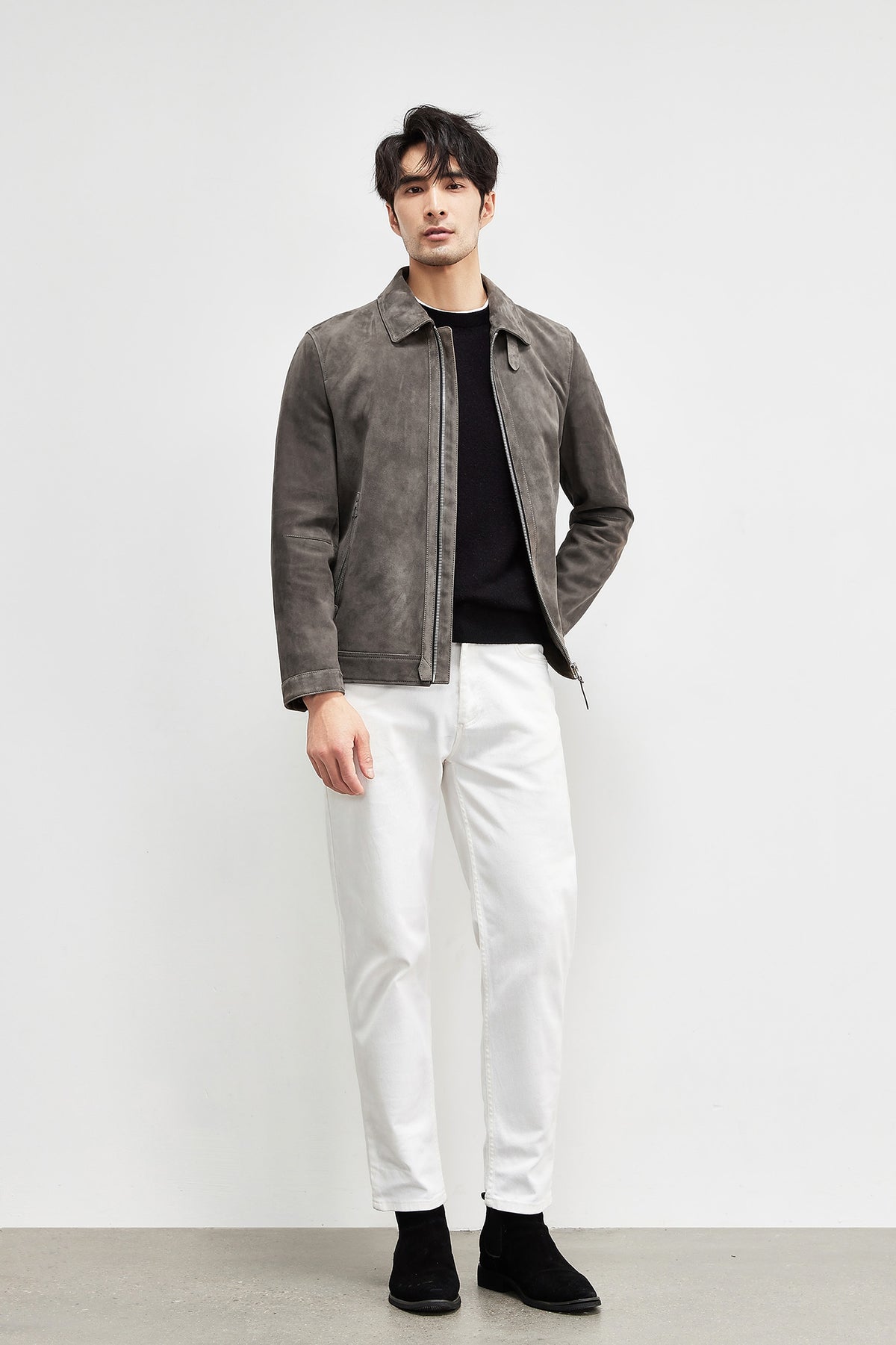 A1. Men's Lambskin Suede Lapel Biker's Leather Jacket - enhanced image 11