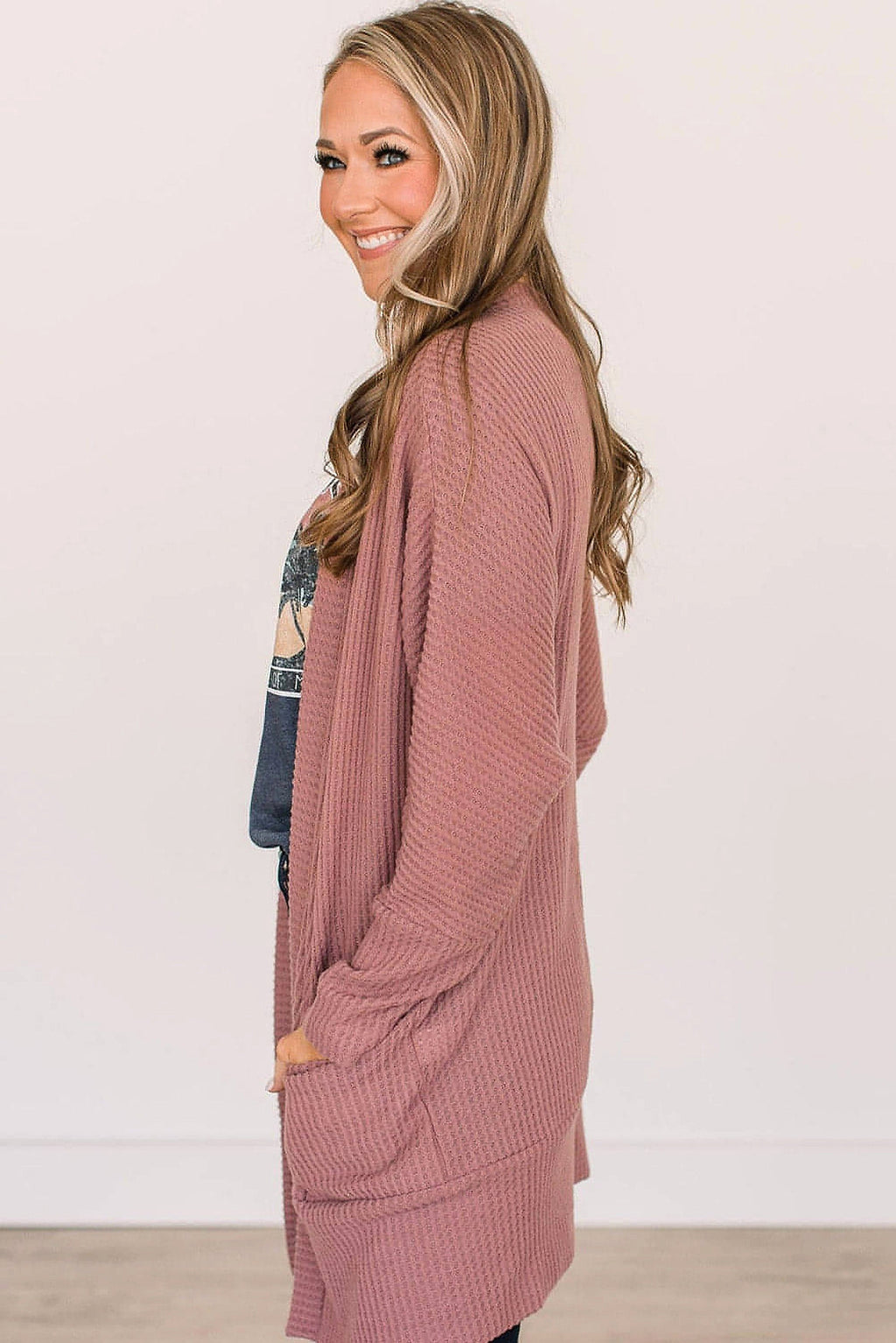 Mineral Red Solid Color Waffle Knit Cardigan with Pocket - enhanced image 11