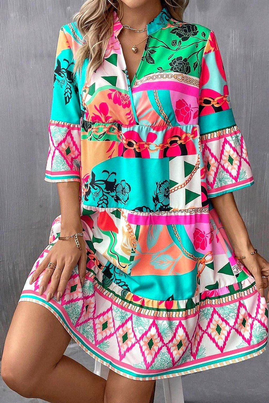 Multicolour Abstract Printed Half Sleeve Notched Neck Mini Dress - enhanced image 11