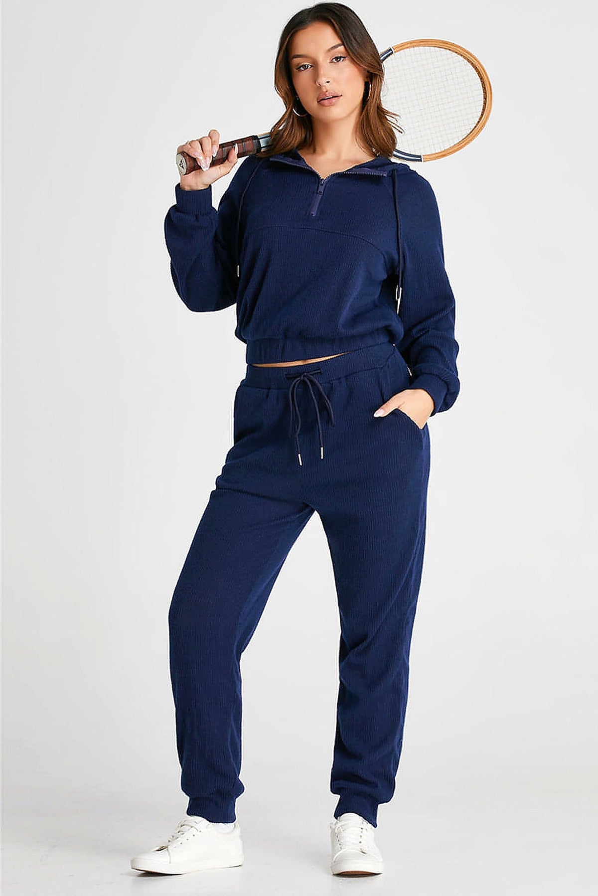Navy Blue Ribbed Knit Cropped Hoodie and Drawstring Joggers Set - enhanced image 11