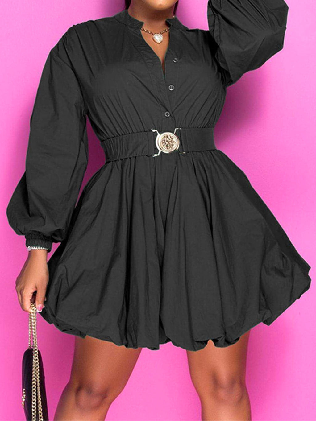 Notched Button Up Balloon Sleeves Dress - enhanced image 11