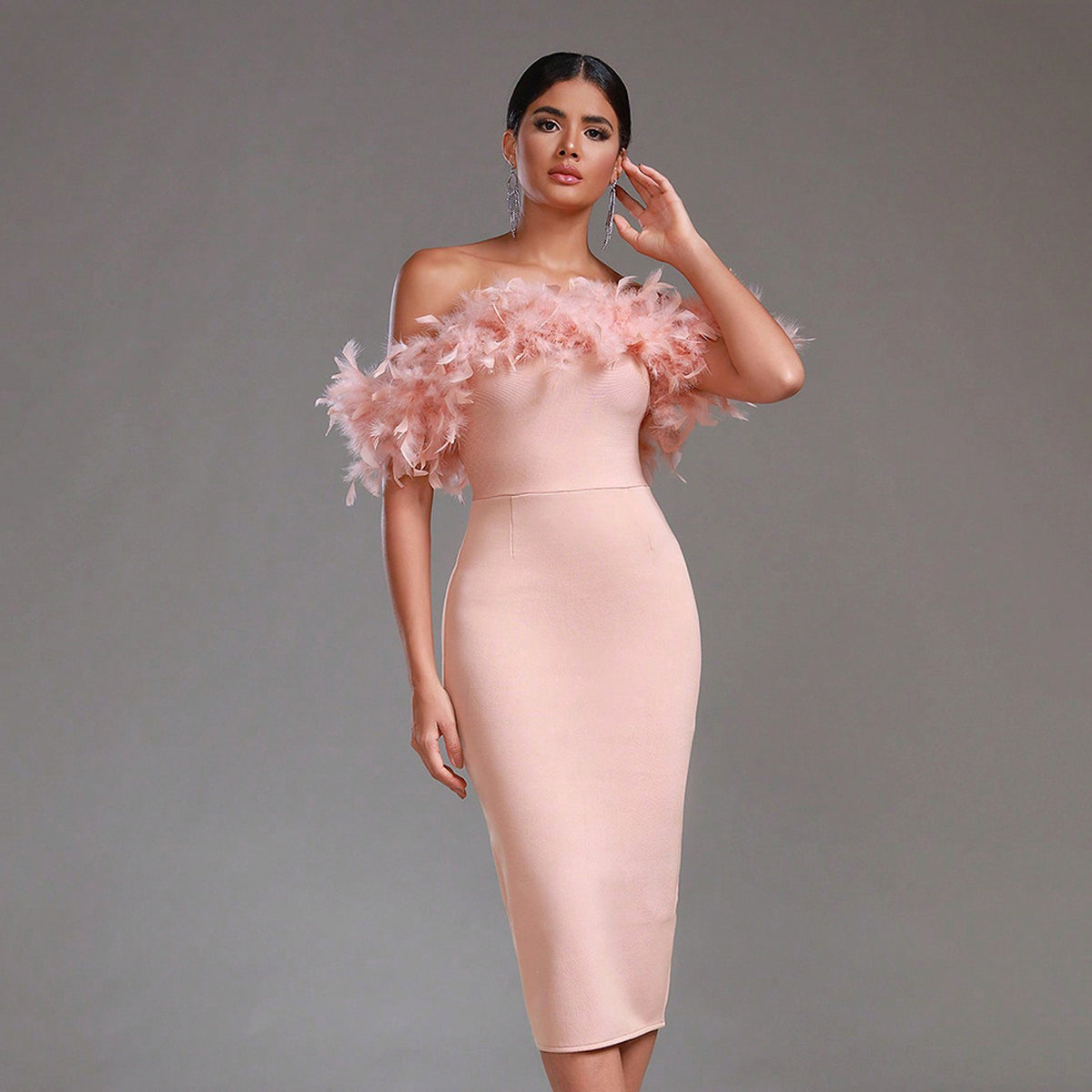 Off-neck Feather Women's Dress - enhanced image 11