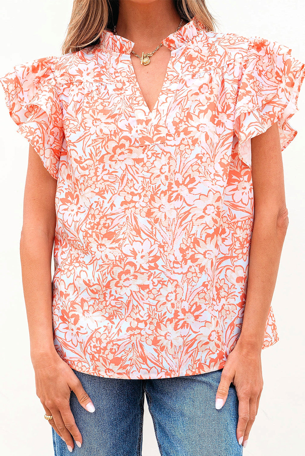 Orange Floral Ruffle Sleeve Split Neck Blouse - enhanced image 11