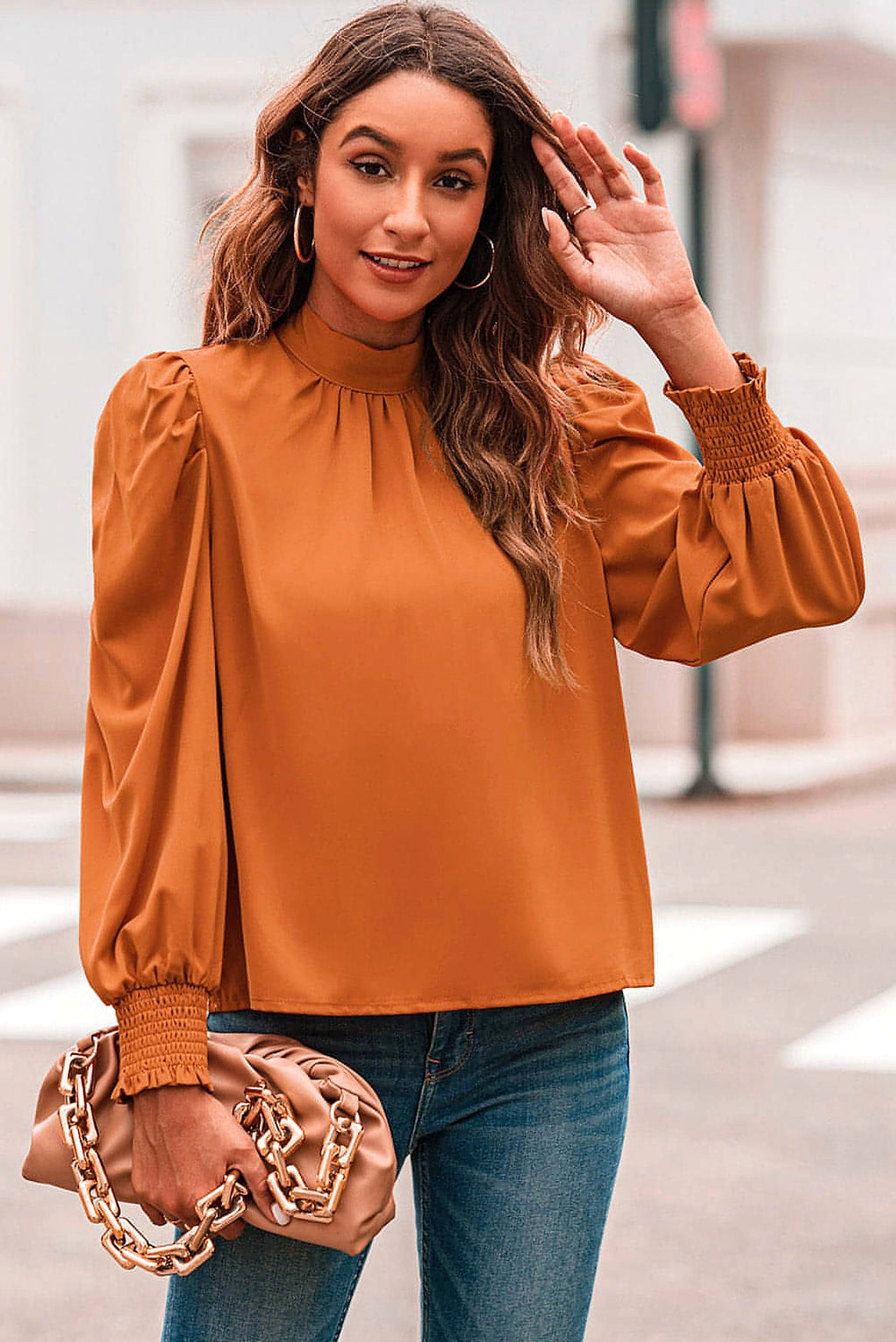 Orange Long Bubble Sleeve Mock Neck Chiffon Blouse - enhanced image 11