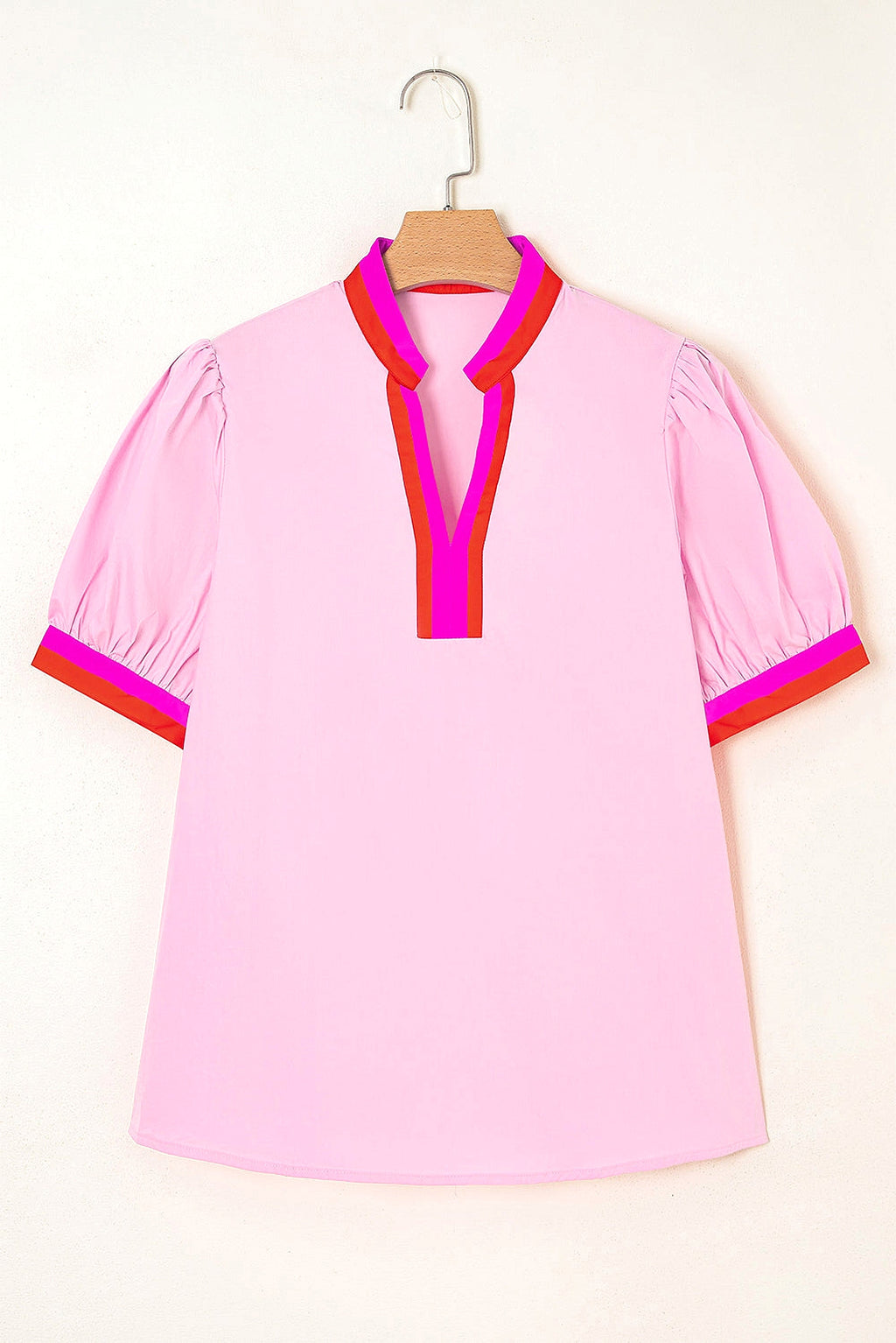 Pink Contrast Striped V Neck Collision Short Puff Sleeve Blouse - enhanced image 11