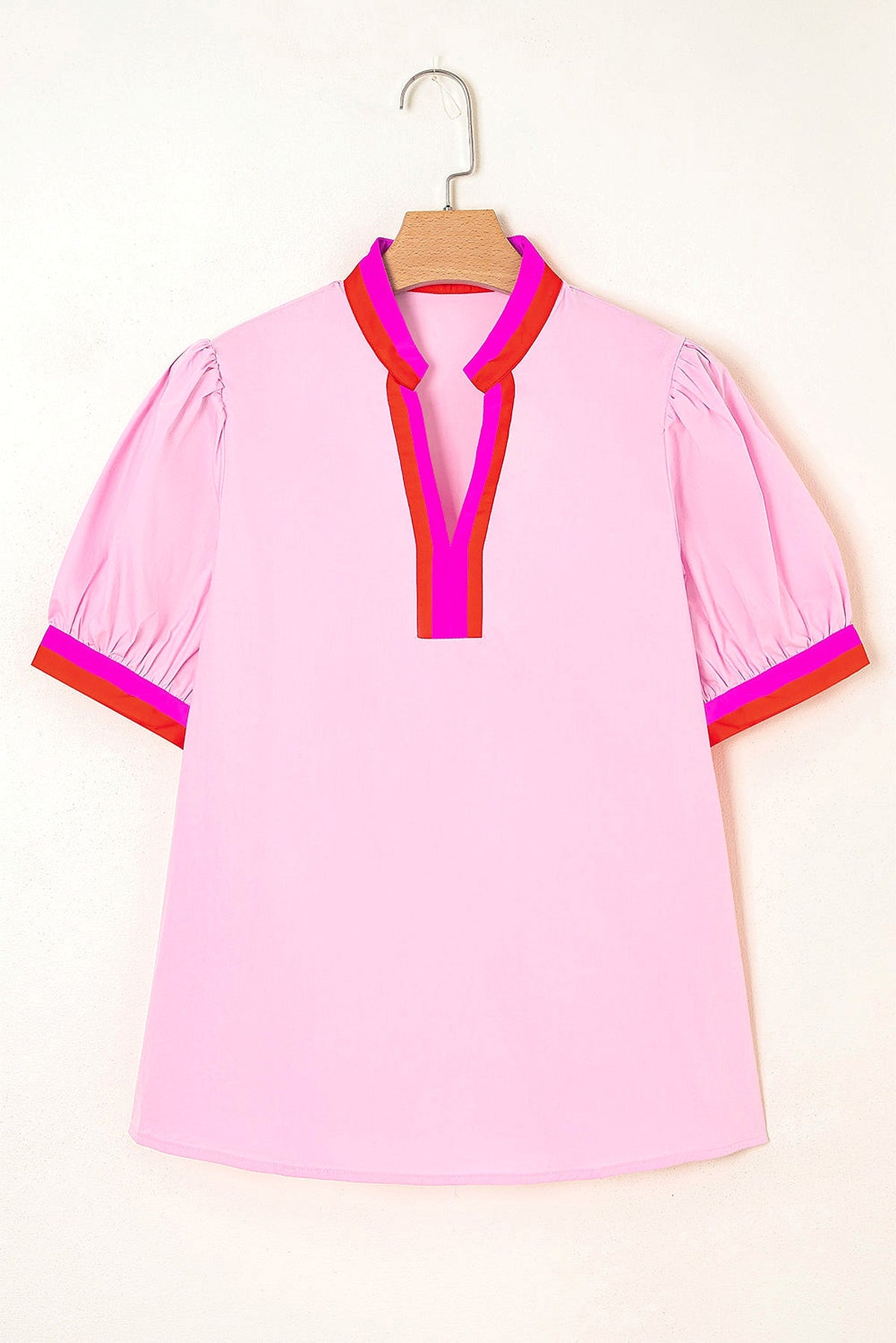 Pink Contrast Striped V Neck Collision Short Puff Sleeve Blouse - enhanced image 11
