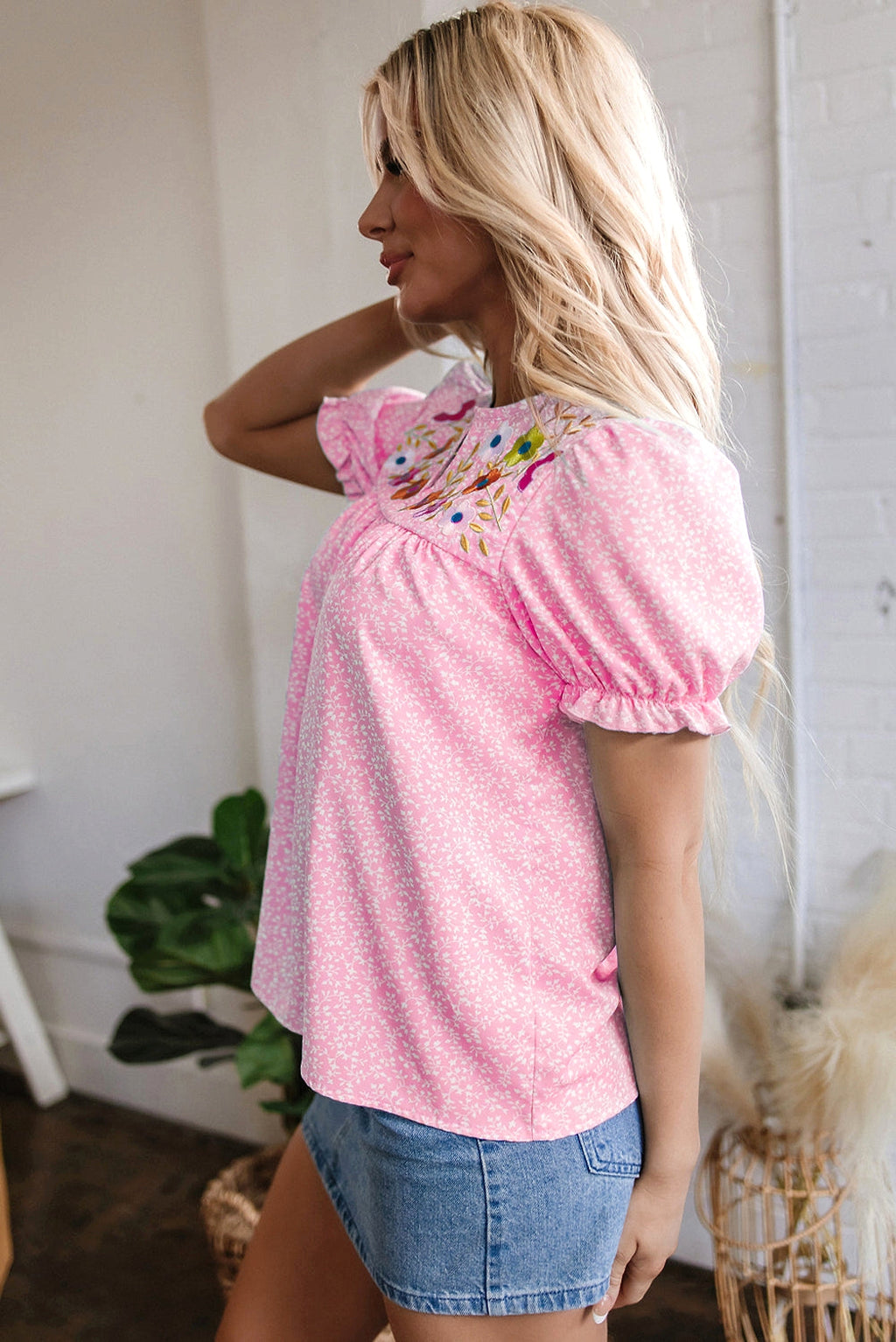 Pink Floral Embroidered Puff Sleeve Notched V Neck Blouse - enhanced image 11