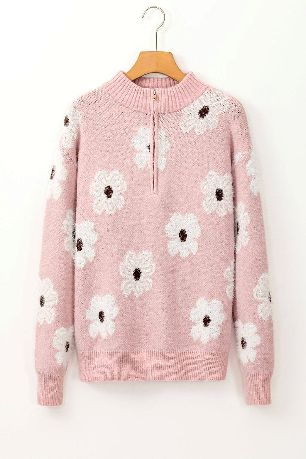 Pink Floral Pattern Half Zip Drop Shoulder Sweater - enhanced image 11