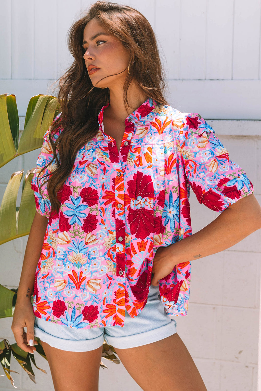 Pink Floral Print Bubble Sleeve Button Up Pleated Shirt - enhanced image 11