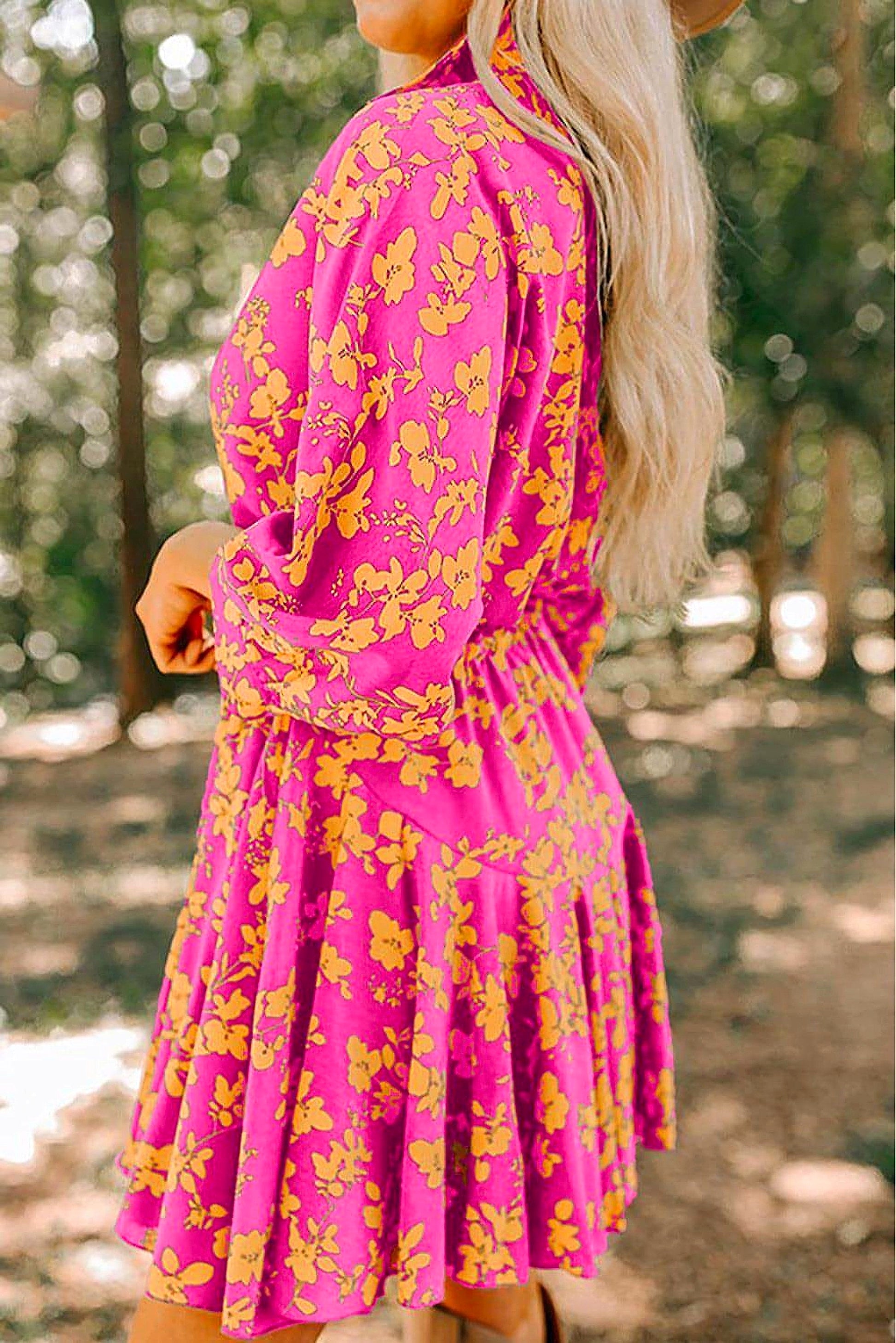 Pink Floral Print Drawstring Tunic Flowy Short Dress - enhanced image 11
