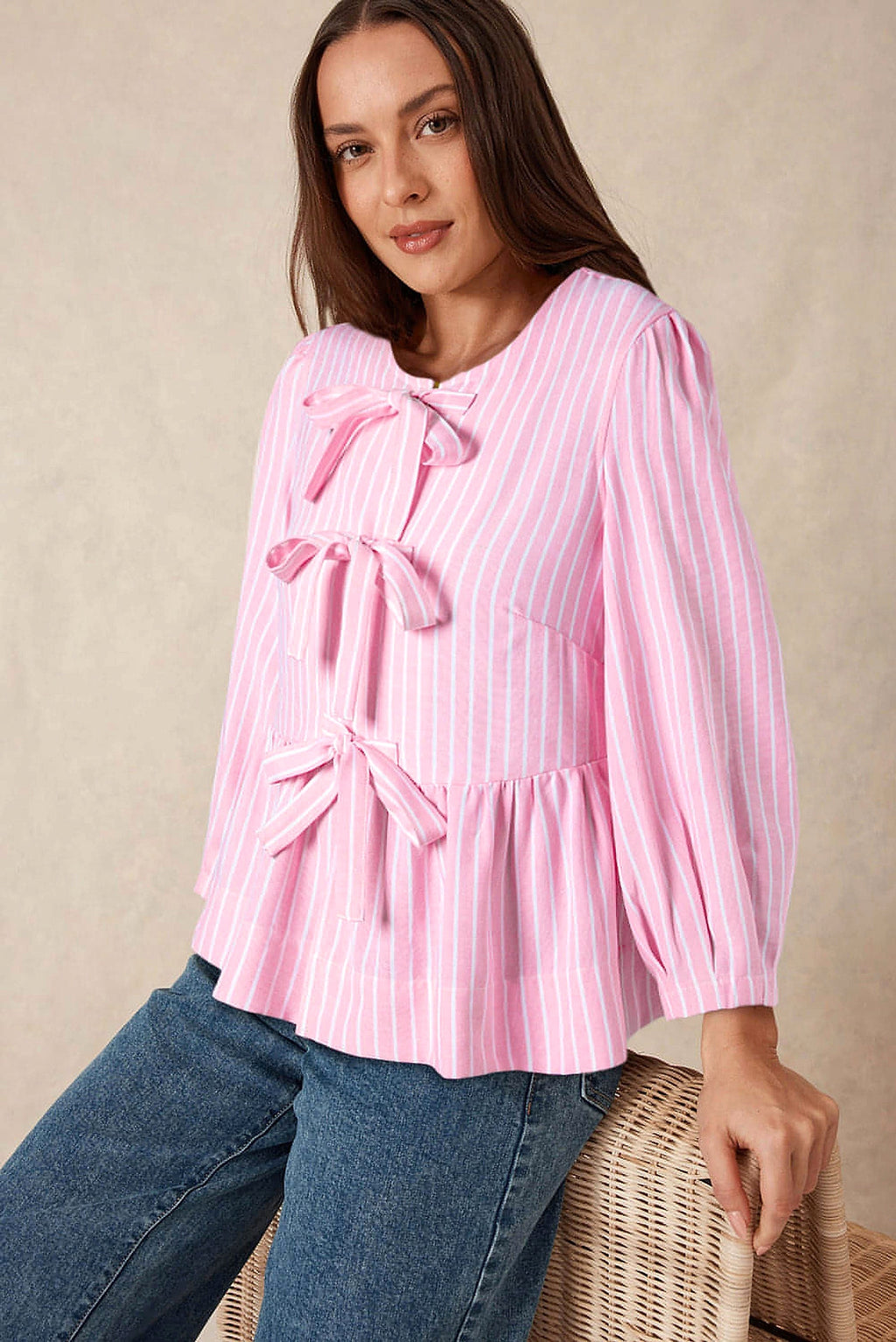 Pink Stripe Bowknot Front Crew Neck Puff Sleeve Blouse - enhanced image 11