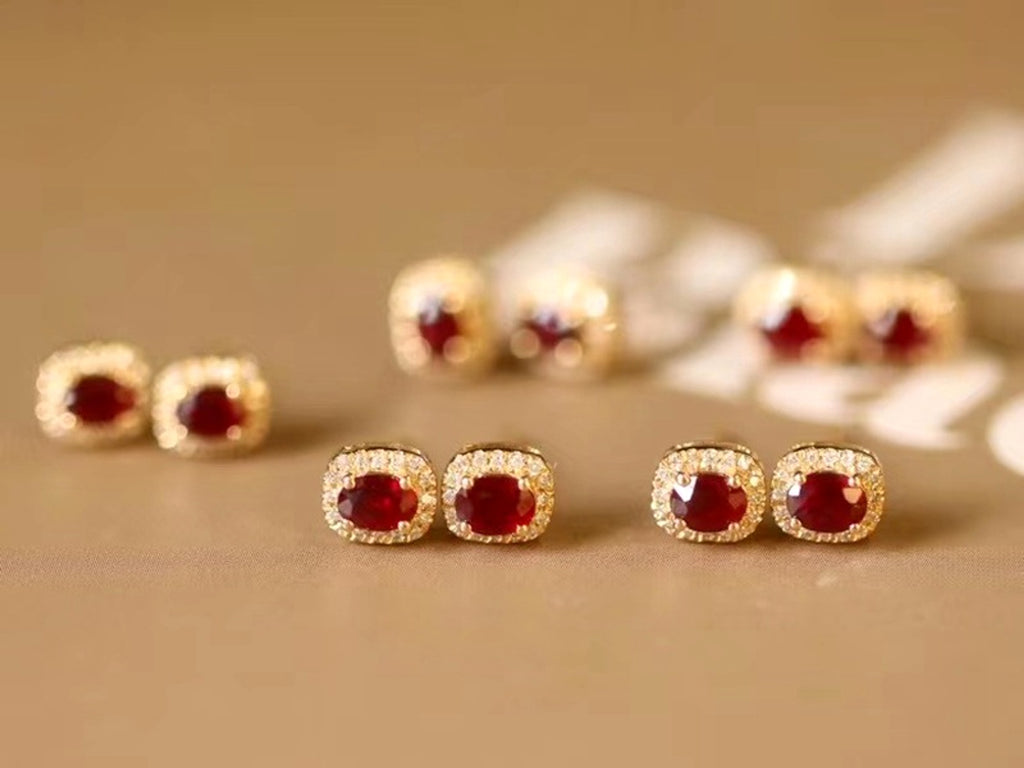 Real Gold Natural Ruby Diamond Stud Earrings Pigeon Blood Red Color - enhanced image 11