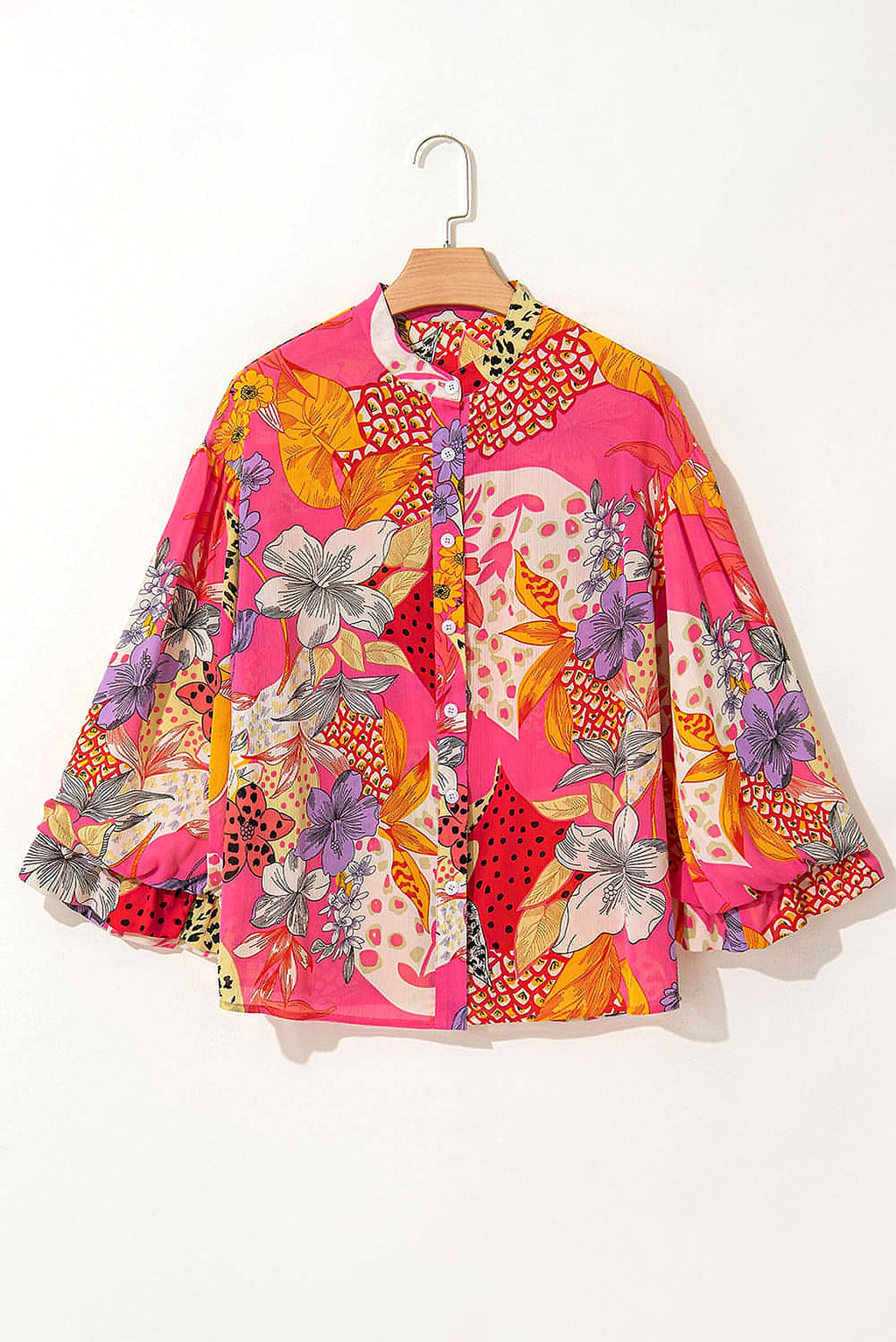Red Abstract Floral Print Buttoned Ruffled Bubble Sleeve Shirt - enhanced image 11