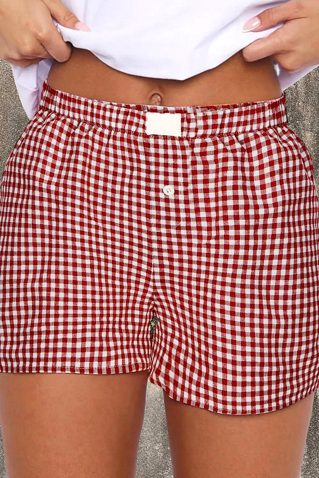 Red Plaid Gingham Printed High Waist Shorts - enhanced image 11