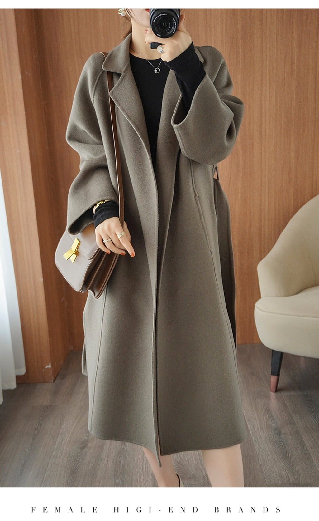 Reversible Cashmere Coat Women's Mid-length Loose Over Knee Coat - enhanced image 11