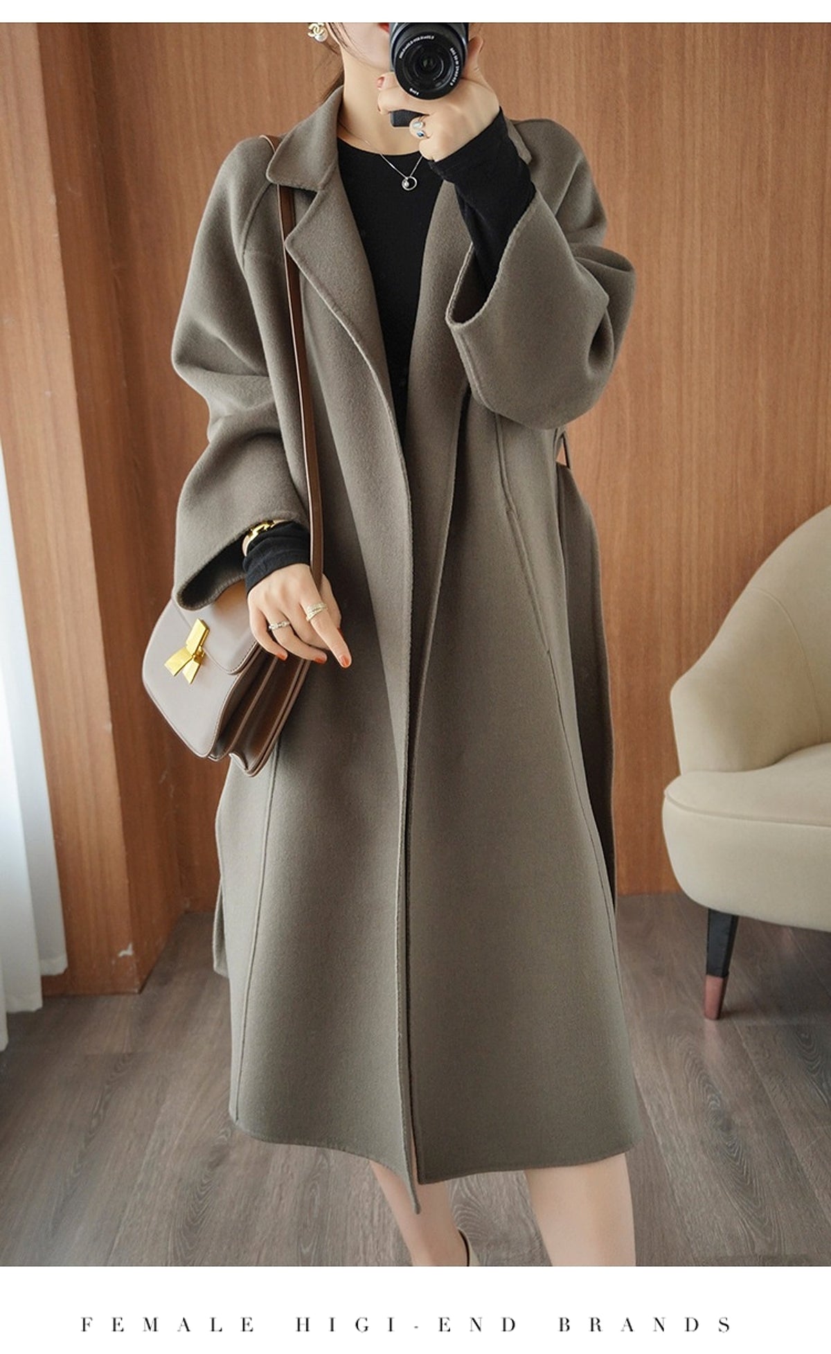 Reversible Cashmere Coat Women's Mid-length Loose Over Knee Coat - enhanced image 11