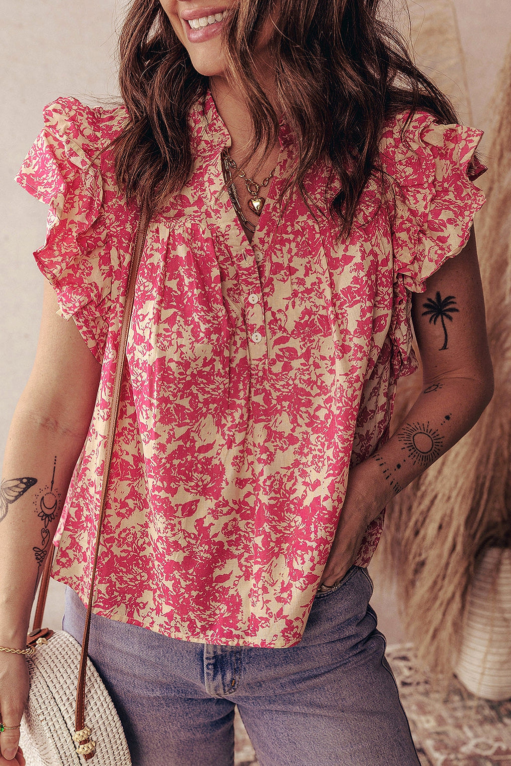 Rose Allover Printed Half Button Neck Ruffle Sleeve Blouse - enhanced image 11