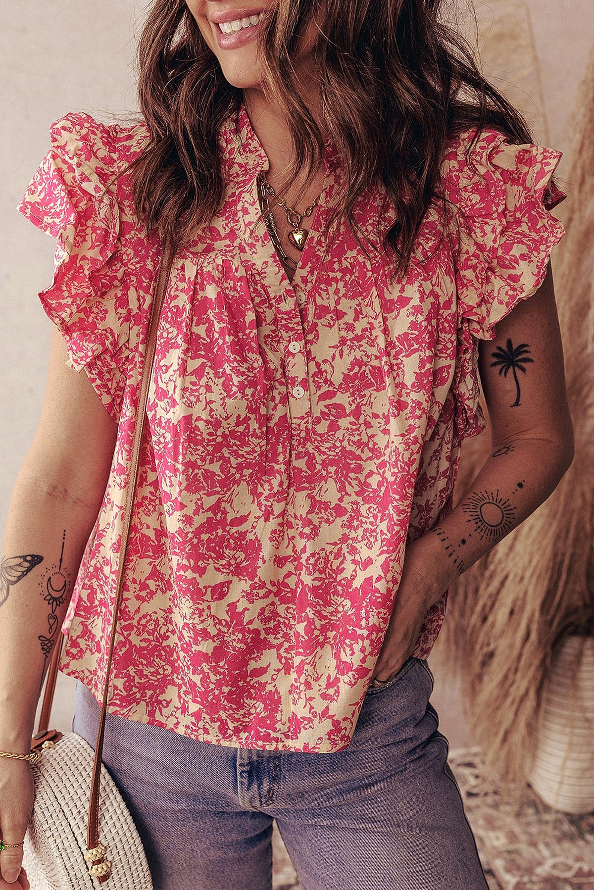 Rose Allover Printed Half Button Neck Ruffle Sleeve Blouse - enhanced image 11