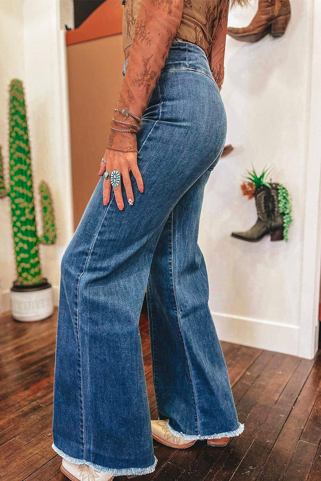 Sail Blue High Waist Button Fly Seamed Raw Hem Flare Jeans - enhanced image 11