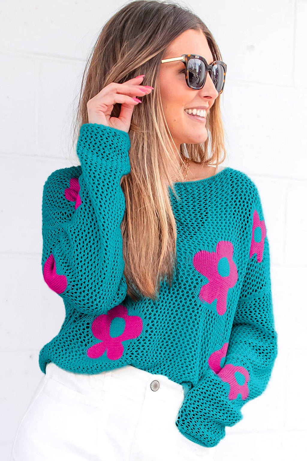 Sea Green Big Flower Hollowed Knit Drop Shoulder Sweater - enhanced image 11