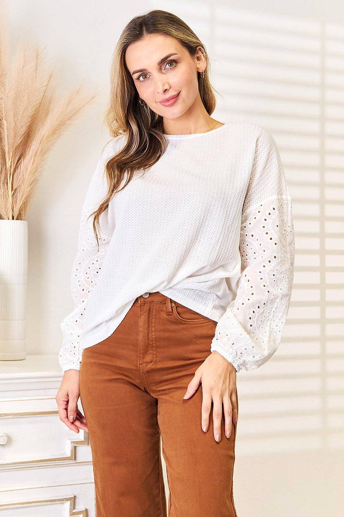 Shiny Eyelet Dropped Shoulder Round Neck Blouse - enhanced image 11