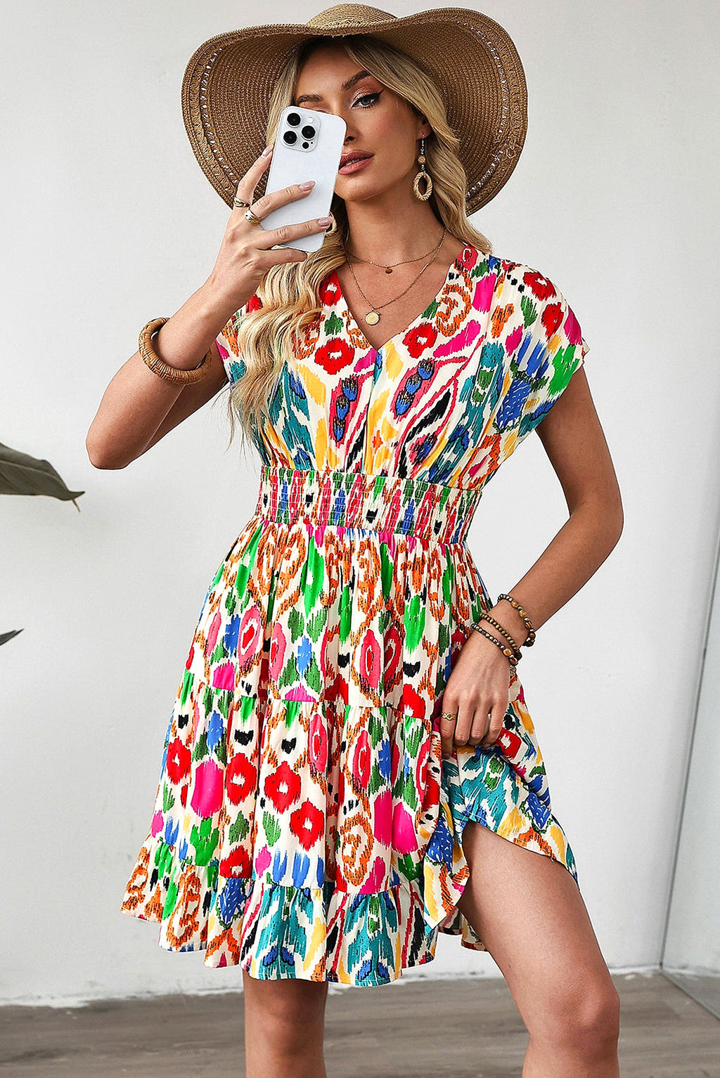 Sky Blue Abstract Print V Neck Dolman Sleeve Ruffle Tiered Mini Dress - enhanced image 11