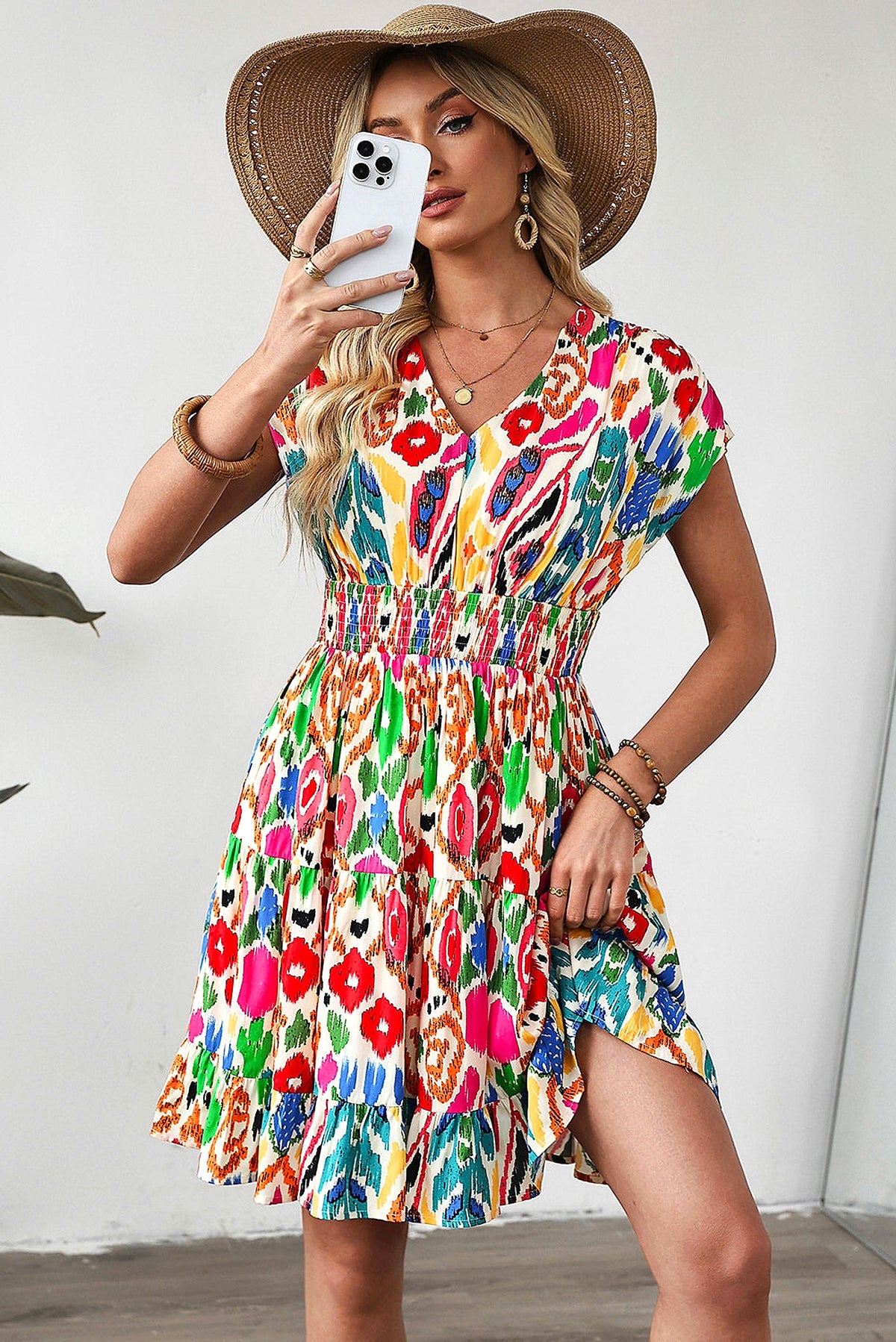 Sky Blue Abstract Print V Neck Dolman Sleeve Ruffle Tiered Mini Dress - enhanced image 11
