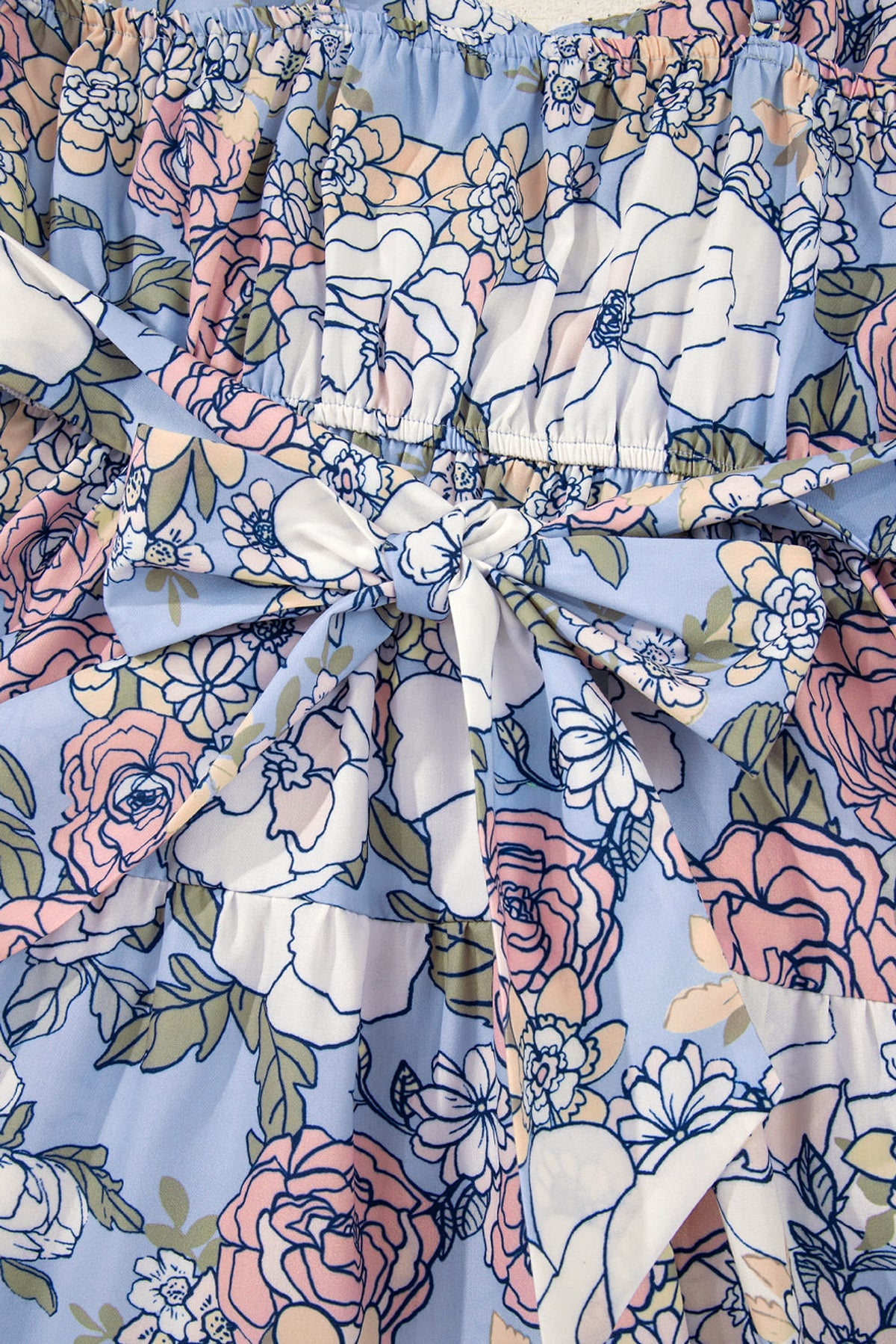 Sky Blue Floral Tiered Patchwork Spaghetti Strap Vacation Dress - enhanced image 11