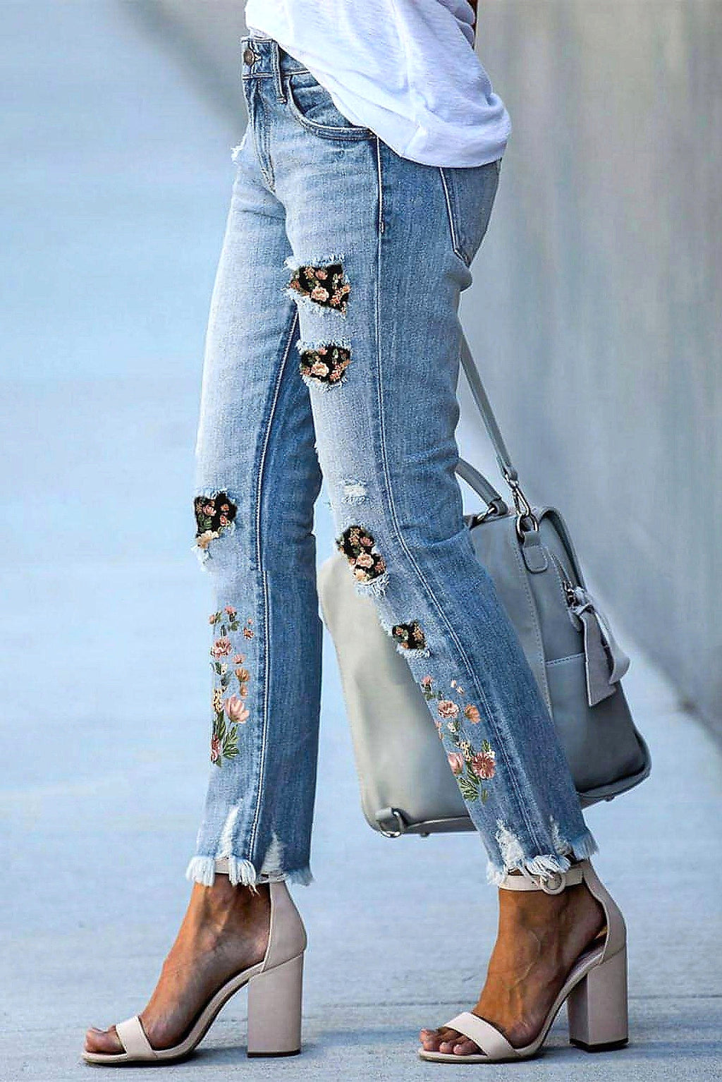 Sky Blue Printed Patch Ripped Skinny Jeans - enhanced image 11