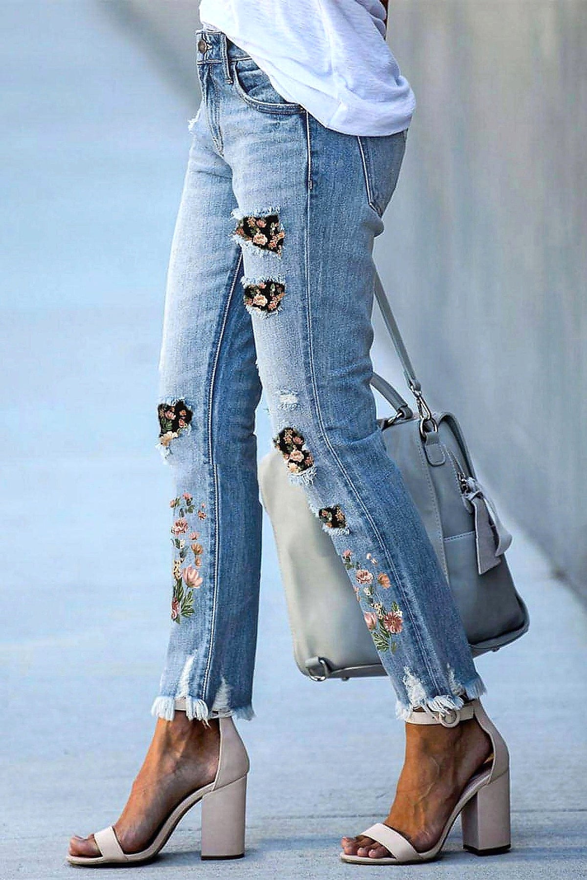 Sky Blue Printed Patch Ripped Skinny Jeans - enhanced image 11