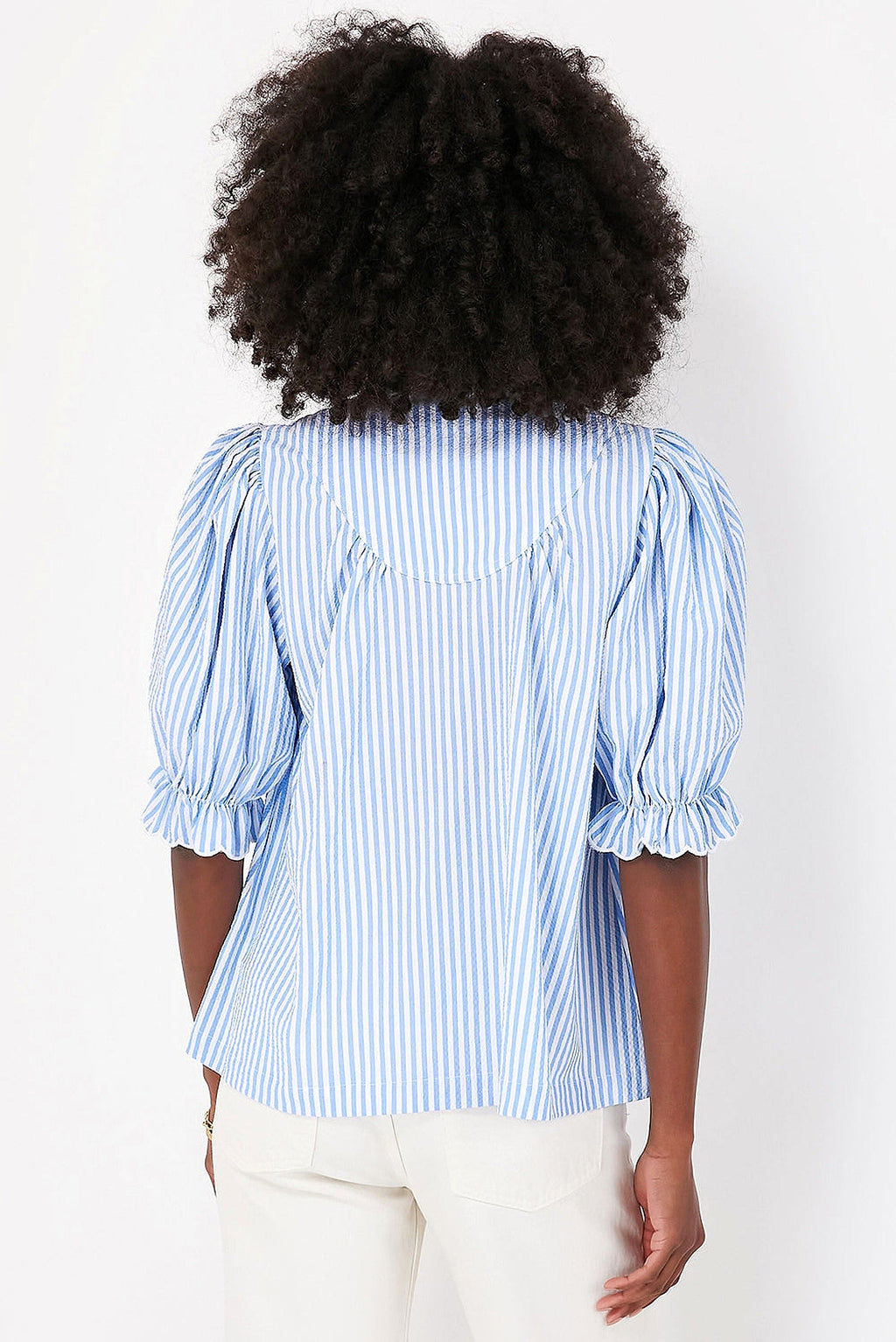 Sky Blue Stripe Ruffled Collar Puff Sleeve Half Buttons Blouse - enhanced image 11