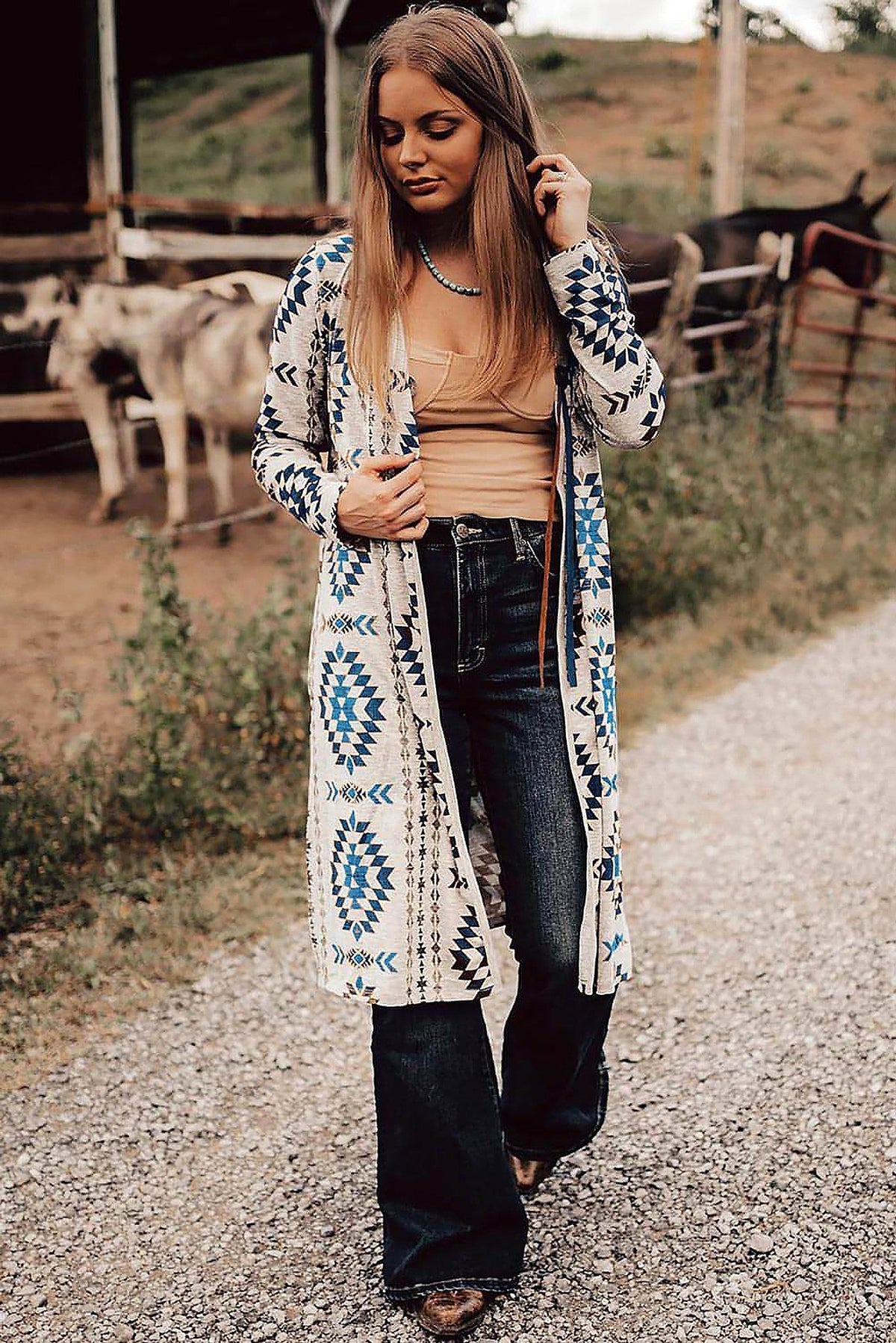 Sky Blue Western Aztec Printed Open Front Long Cardigan - enhanced image 11