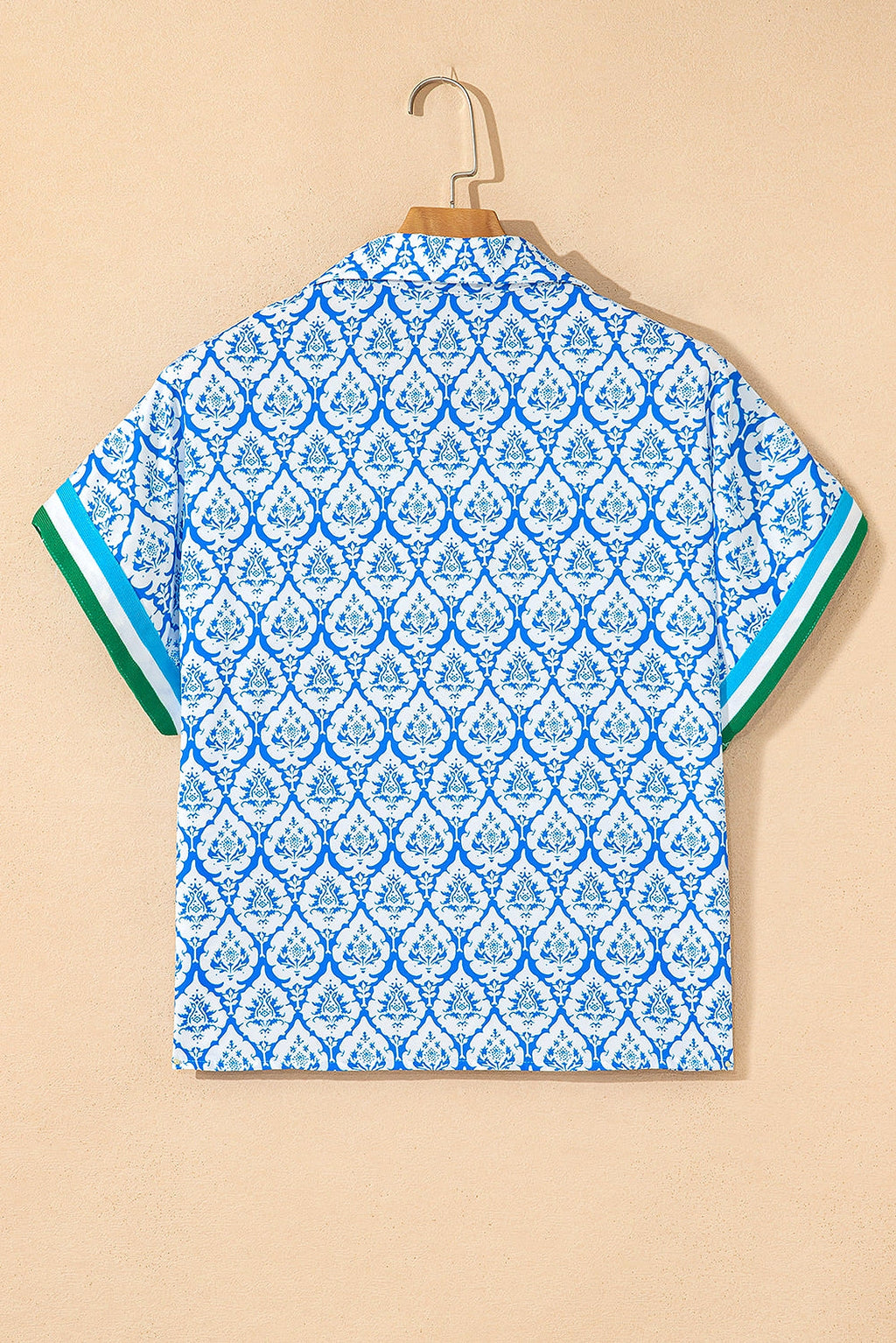 Sky Blue Western Print Zipped Collar Short Sleeve Summer Blouse Top - enhanced image 11