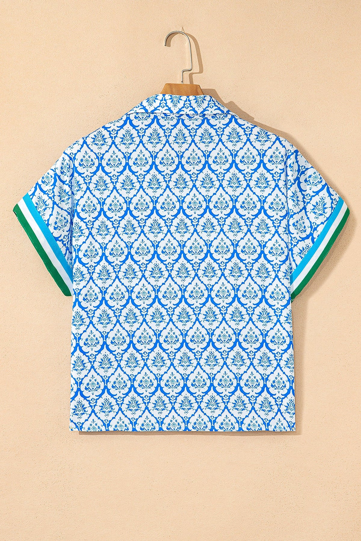 Sky Blue Western Print Zipped Collar Short Sleeve Summer Blouse Top - enhanced image 11