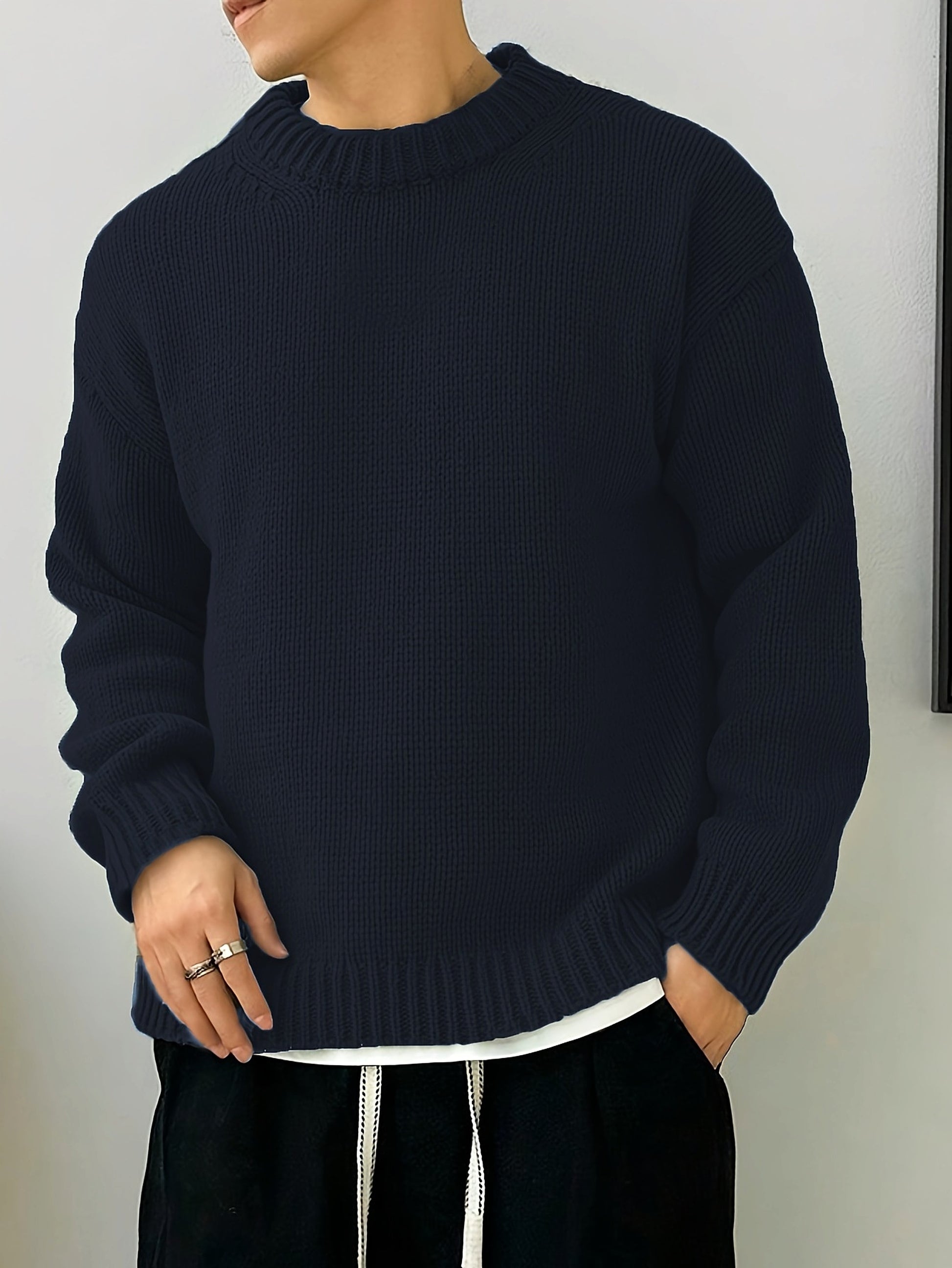 Solid Color Loose Knitted Pullover Leisure Japanese-style Retro Long Sleeve Round Neck Sweater Men - enhanced image 11