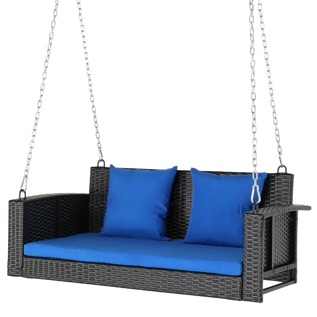 SolunaSwing™ – 4ft Black Rattan Hanging Chair with Blue Cushions - enhanced image 11