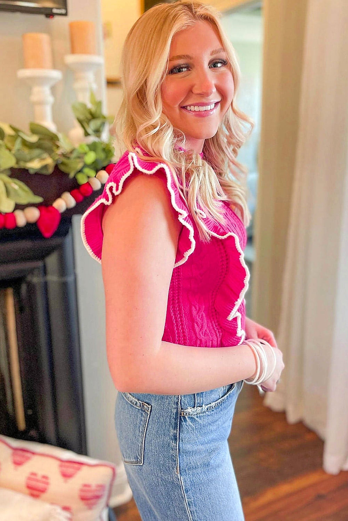 Strawberry Pink Textured Knit Ruffled Mock Neck Sweater Tank - enhanced image 11