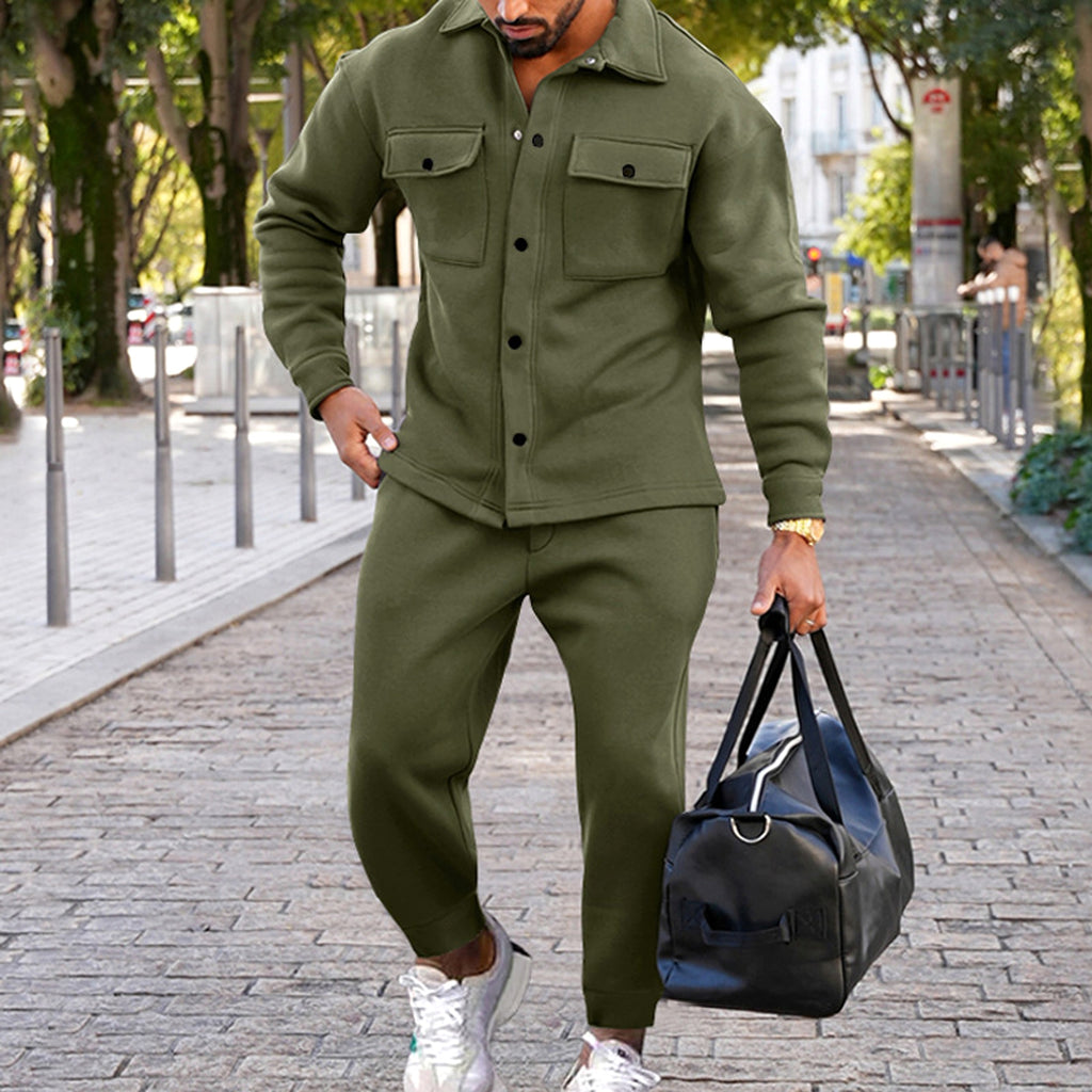 A Suede Single-breasted Solid Color Slim Fit Two-piece Suit Men (Tracksuit) - enhanced image 11