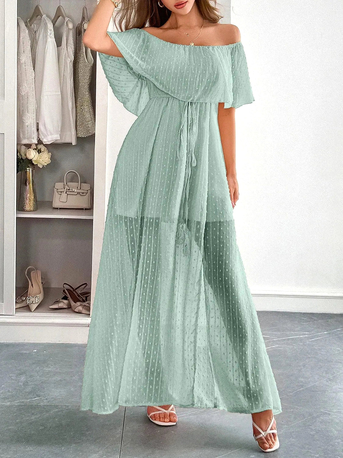 Swiss Dot Off Shoulder Maxi Dress - enhanced image 11